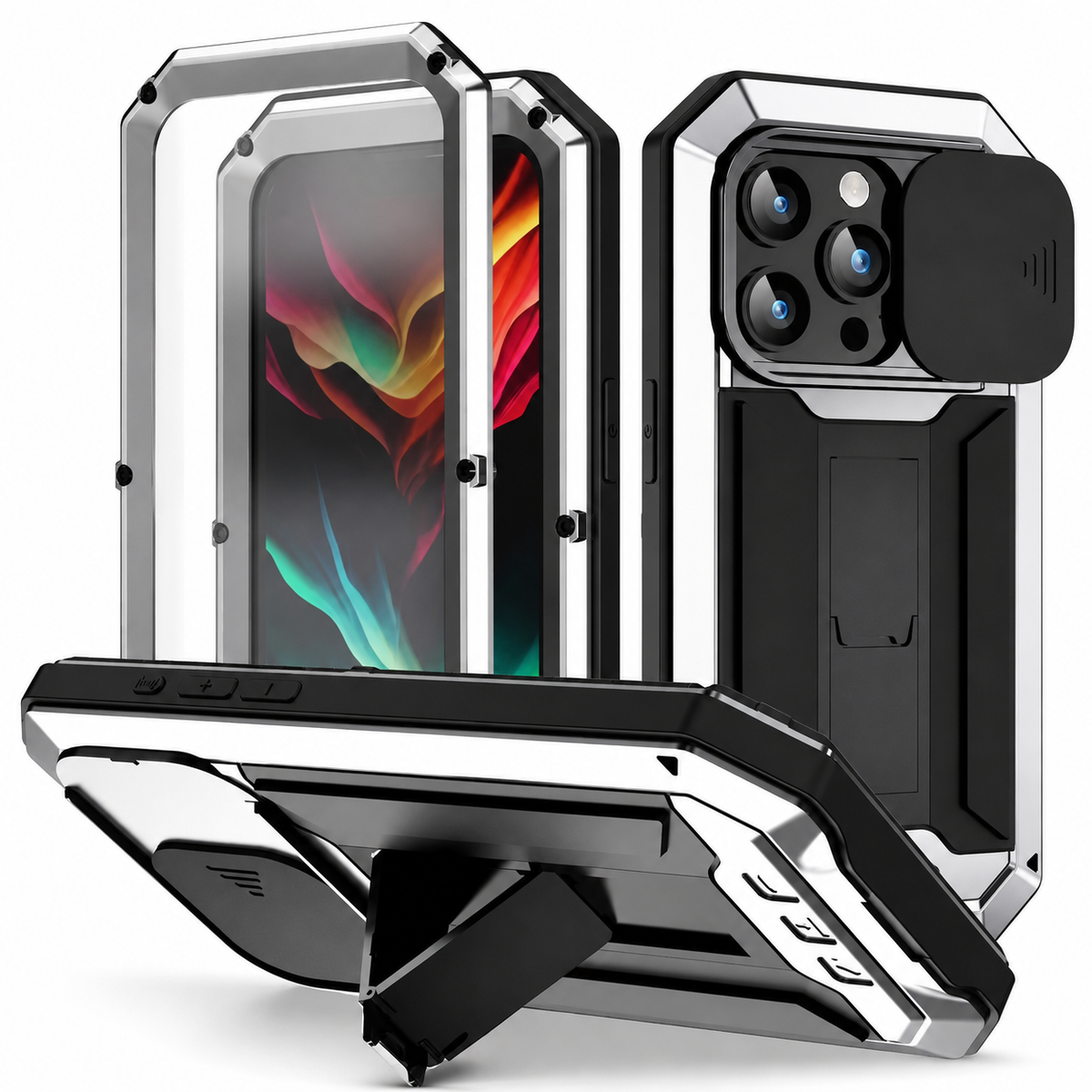 Premium iPhone Case Heavy Duty Metal Armor Shockproof Protective Cover Screen Protector Sliding Camera Guard Kickstand Full Body Anti Slip Reinforced