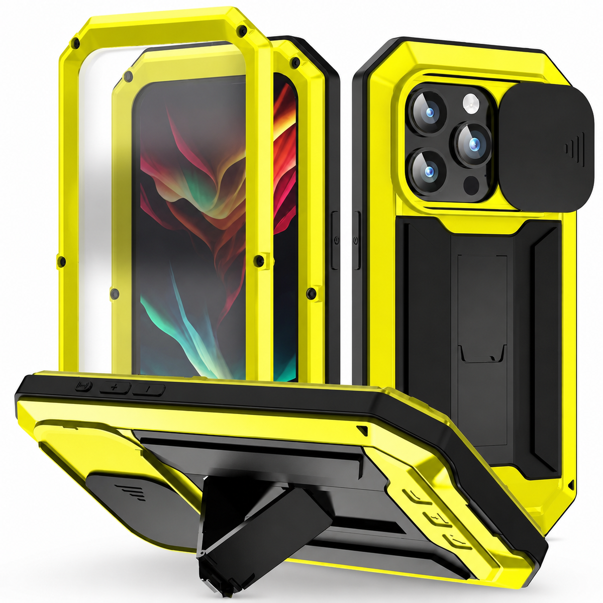 Premium iPhone Case Heavy Duty Metal Armor Shockproof Protective Cover Screen Protector Sliding Camera Guard Kickstand Full Body Anti Slip Reinforced