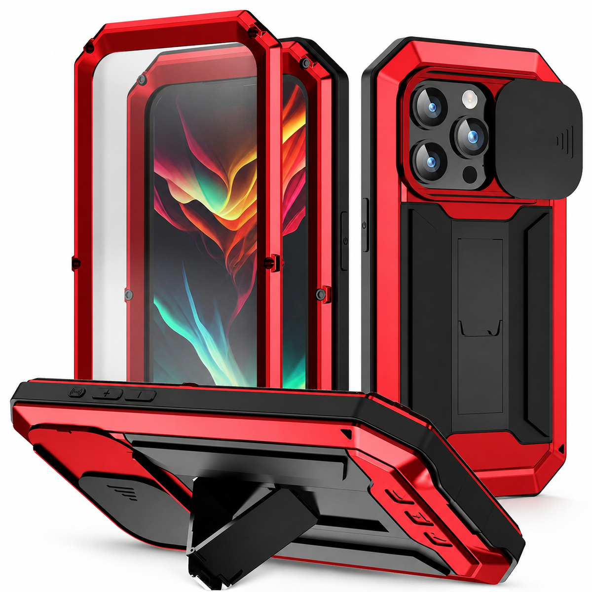 Premium iPhone Case Heavy Duty Metal Armor Shockproof Protective Cover Screen Protector Sliding Camera Guard Kickstand Full Body Anti Slip Reinforced
