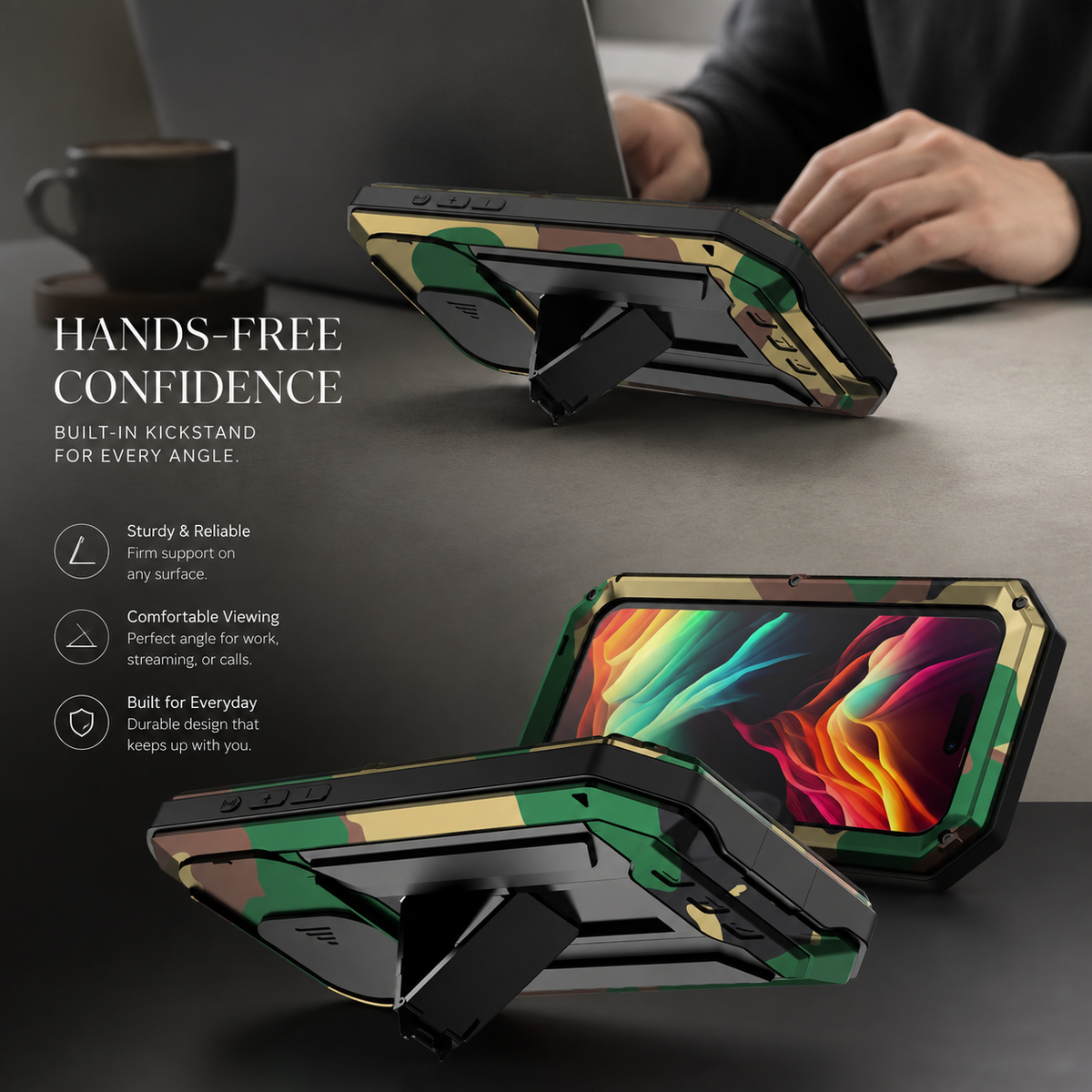 Premium iPhone Case Heavy Duty Metal Armor Shockproof Protective Cover Screen Protector Sliding Camera Guard Kickstand Full Body Anti Slip Reinforced