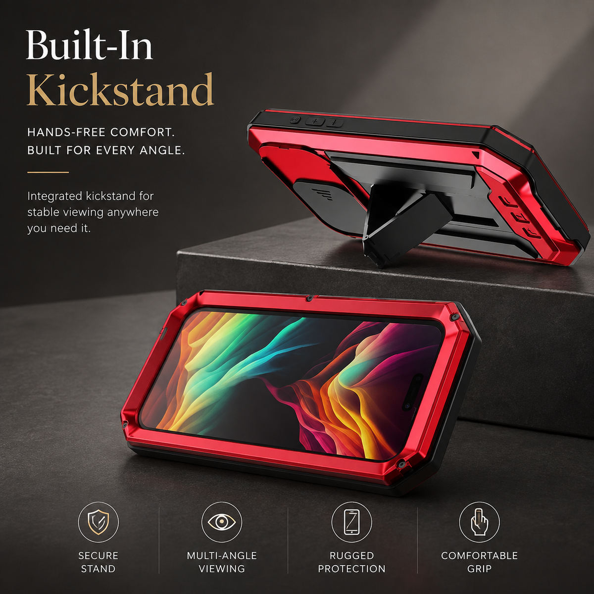 Premium iPhone Case Heavy Duty Metal Armor Shockproof Protective Cover Screen Protector Sliding Camera Guard Kickstand Full Body Anti Slip Reinforced