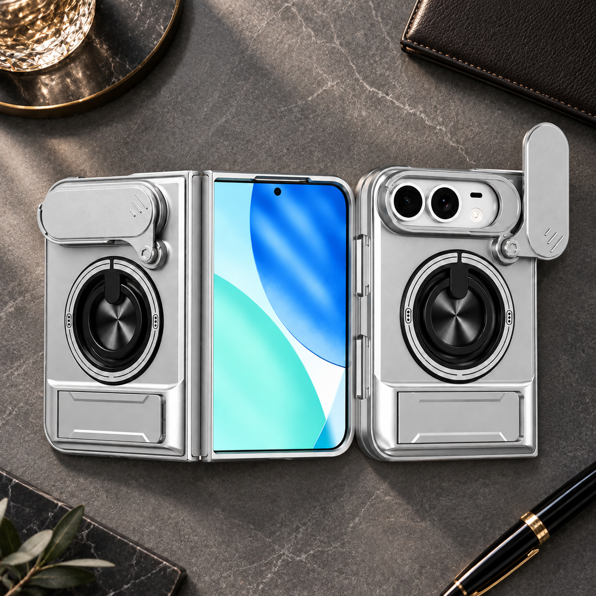 Premium iPhone Case Heavy Duty Rugged Armor Magnetic Ring Stand Slide Camera Protector Shockproof PC TPU Dual Layer Foldable Protective Cover Case