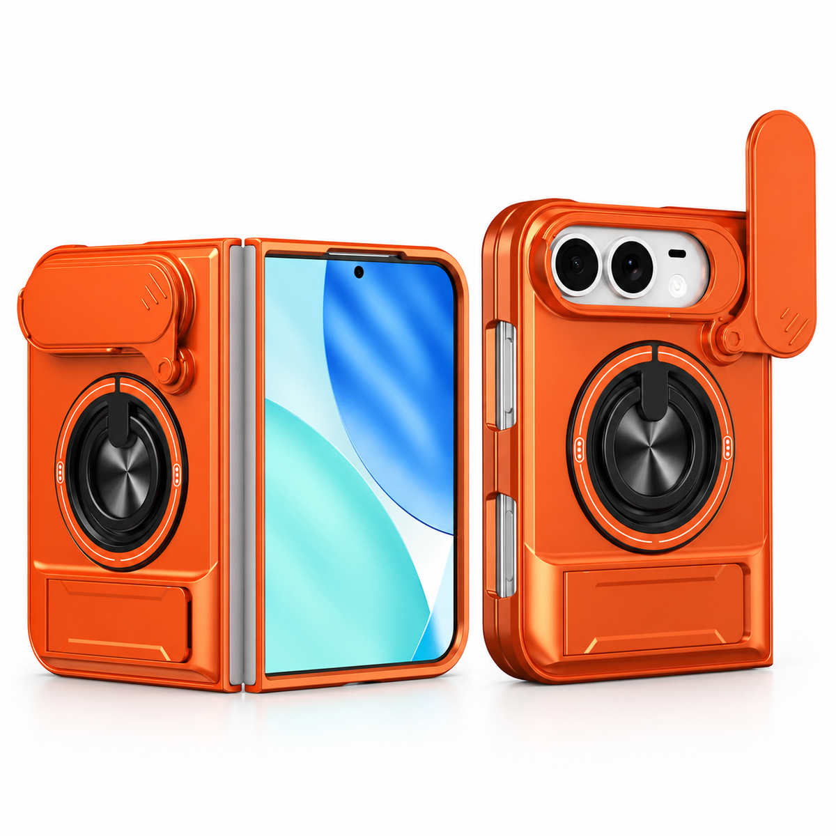 Premium iPhone Case Heavy Duty Rugged Armor Magnetic Ring Stand Slide Camera Protector Shockproof PC TPU Dual Layer Foldable Protective Cover Case