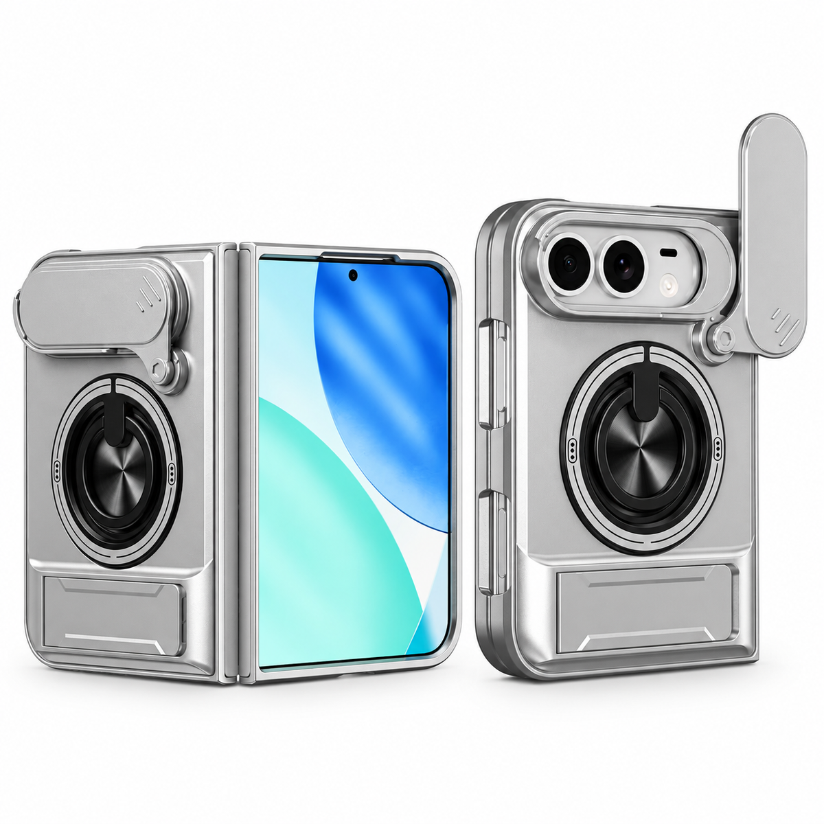 Premium iPhone Case Heavy Duty Rugged Armor Magnetic Ring Stand Slide Camera Protector Shockproof PC TPU Dual Layer Foldable Protective Cover Case