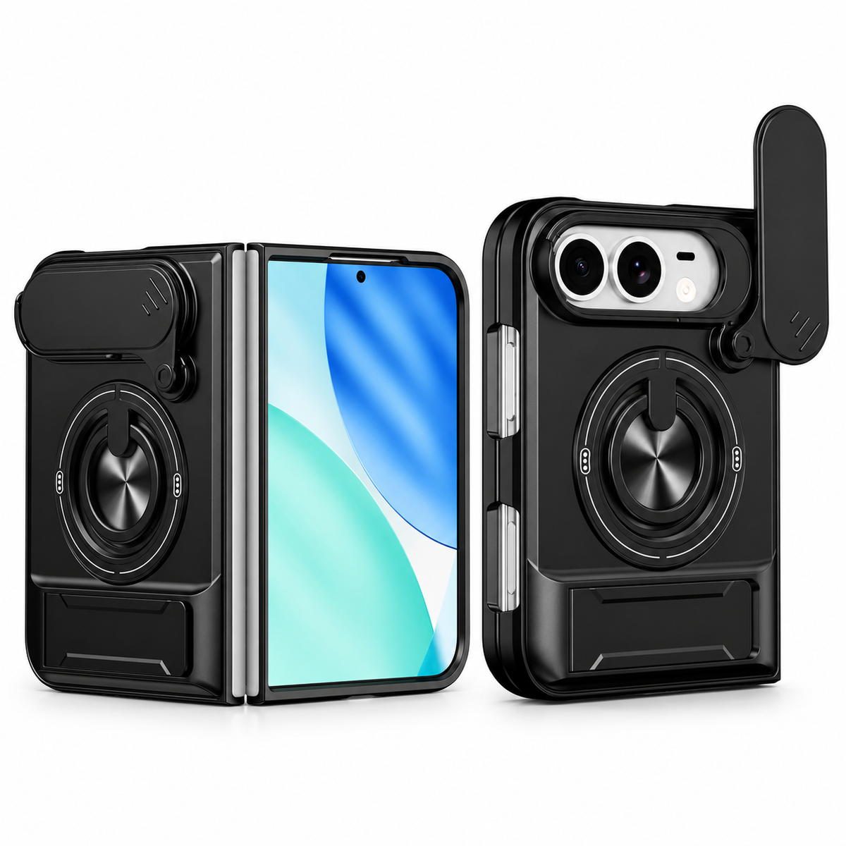 Premium iPhone Case Heavy Duty Rugged Armor Magnetic Ring Stand Slide Camera Protector Shockproof PC TPU Dual Layer Foldable Protective Cover Case