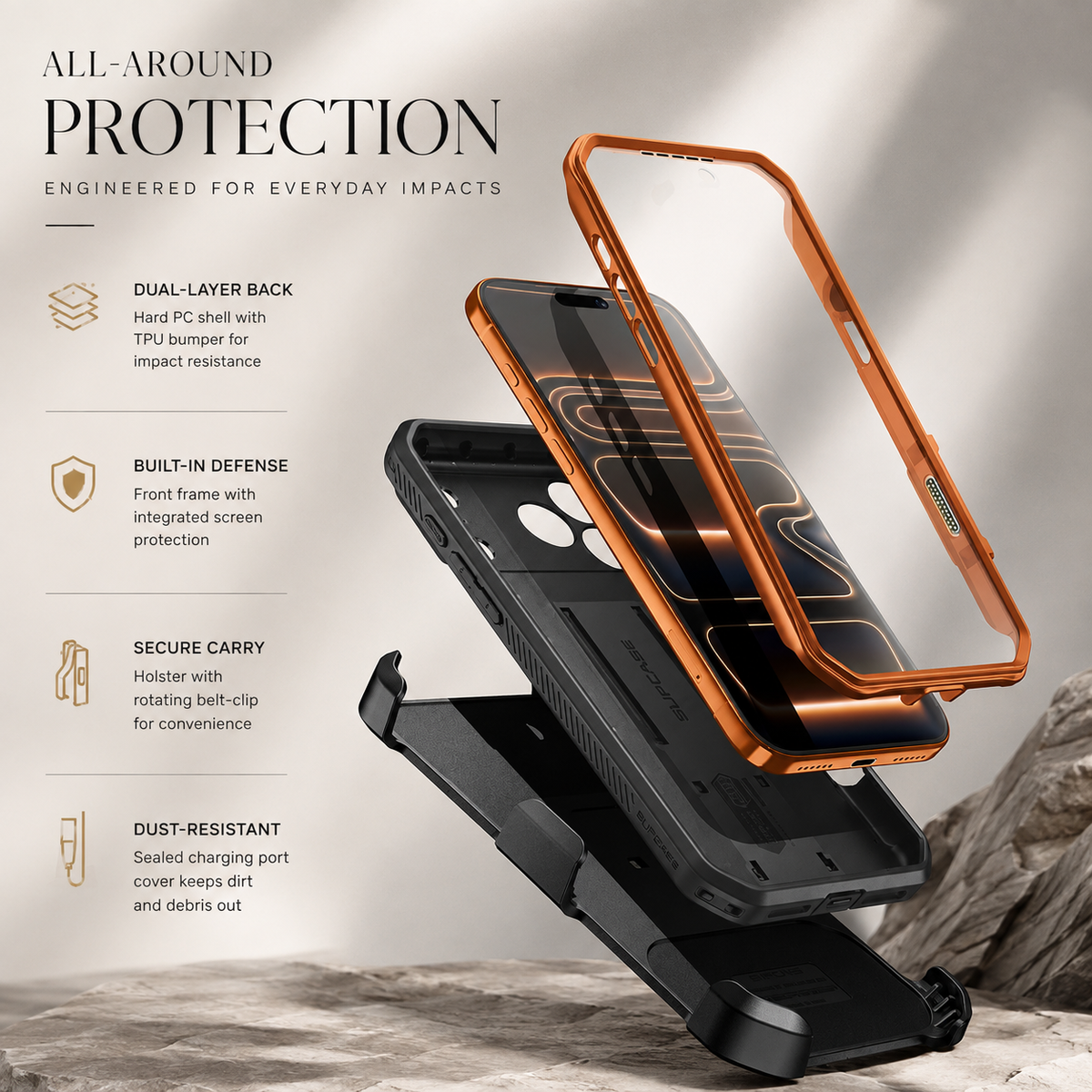 Premium iPhone Case Heavy Duty Rugged Full Body Shockproof PC TPU Protective Cover Built In Screen Protector Reinforced Tough Armor Bumper Case