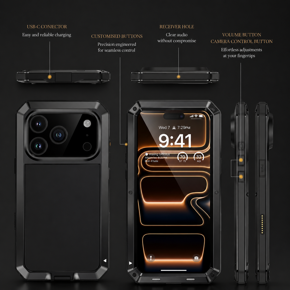 Premium iPhone Case Heavy Duty Rugged Shockproof Protective Cover Metal Armor Glass Screen Protector PC TPU Anti Slip Reinforced Full Body Protection