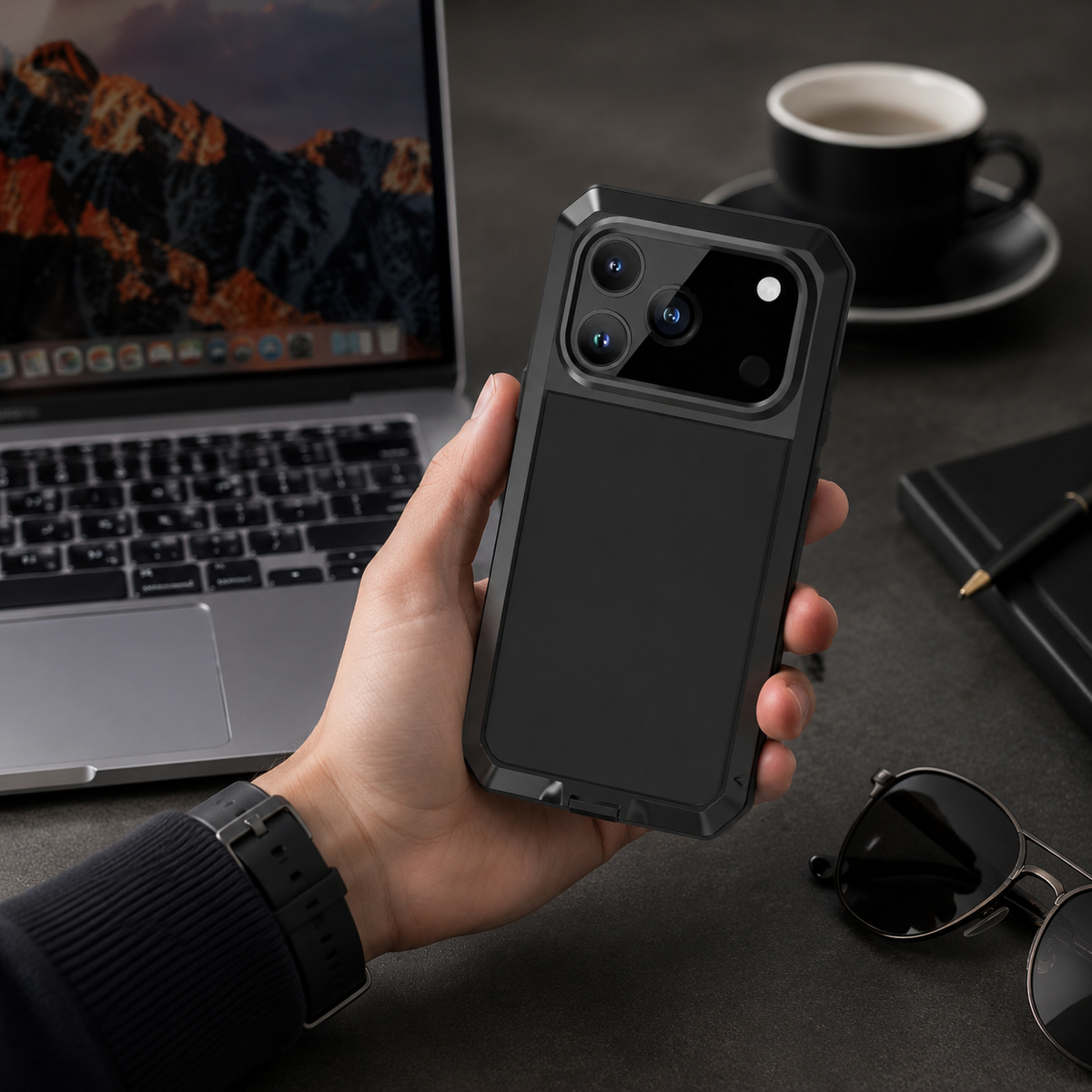 Premium iPhone Case Heavy Duty Rugged Shockproof Protective Cover Metal Armor Glass Screen Protector PC TPU Anti Slip Reinforced Full Body Protection