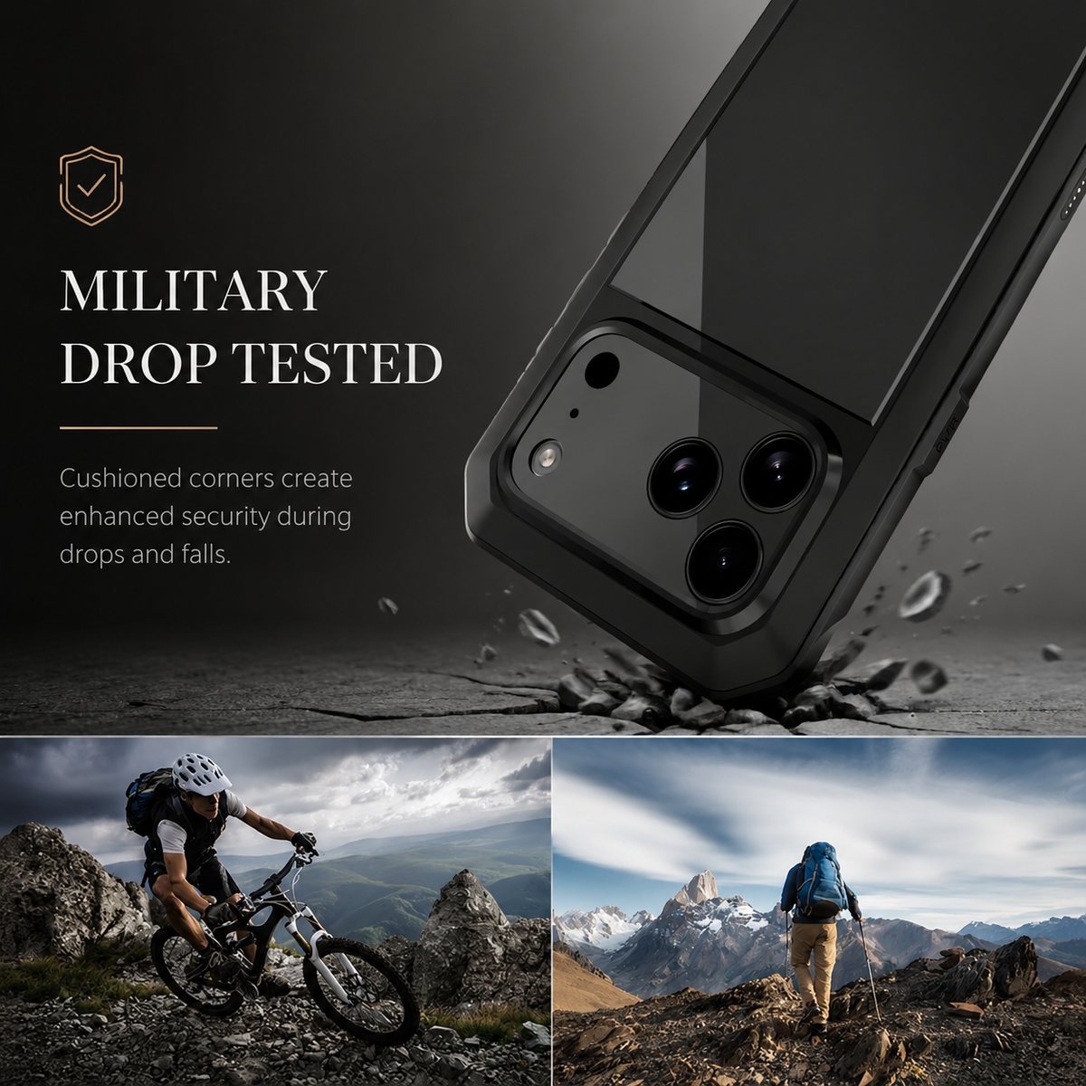 Premium iPhone Case Heavy Duty Rugged Shockproof Protective Cover Metal Armor Glass Screen Protector PC TPU Anti Slip Reinforced Full Body Protection