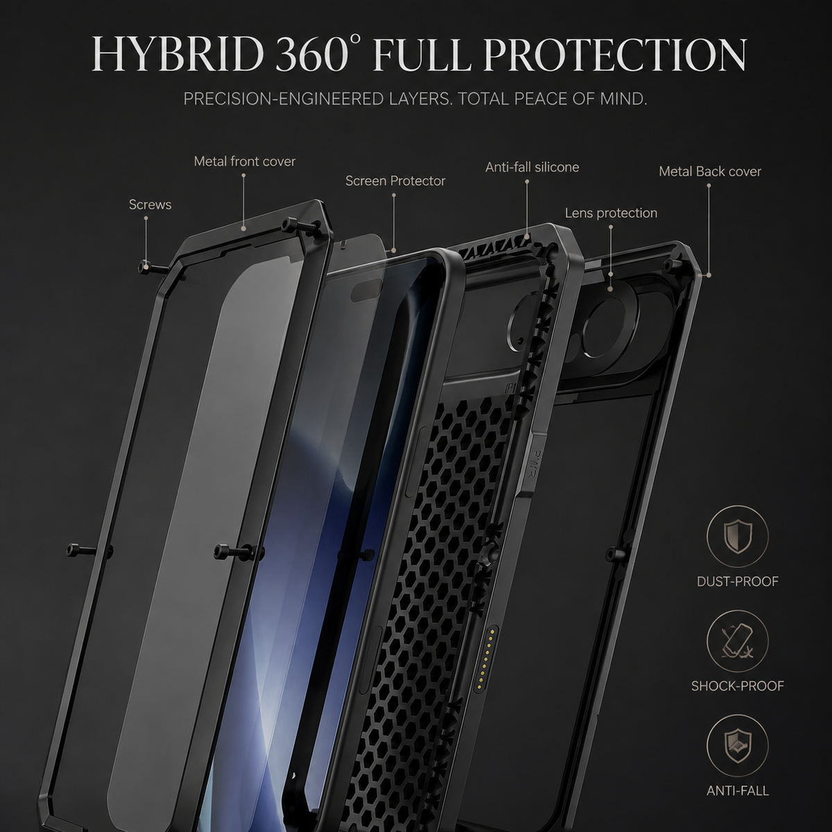 Premium iPhone Case Heavy Duty Rugged Shockproof Protective Cover Metal Armor Glass Screen Protector PC TPU Anti Slip Reinforced Full Body Protection