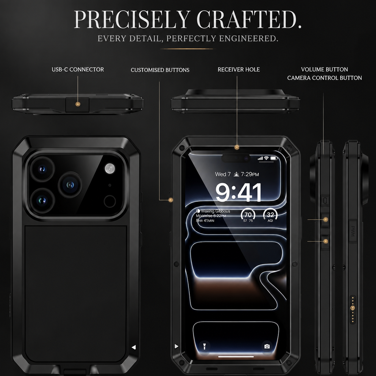 Premium iPhone Case Heavy Duty Rugged Shockproof Protective Cover Metal Armor Glass Screen Protector PC TPU Anti Slip Reinforced Full Body Protection