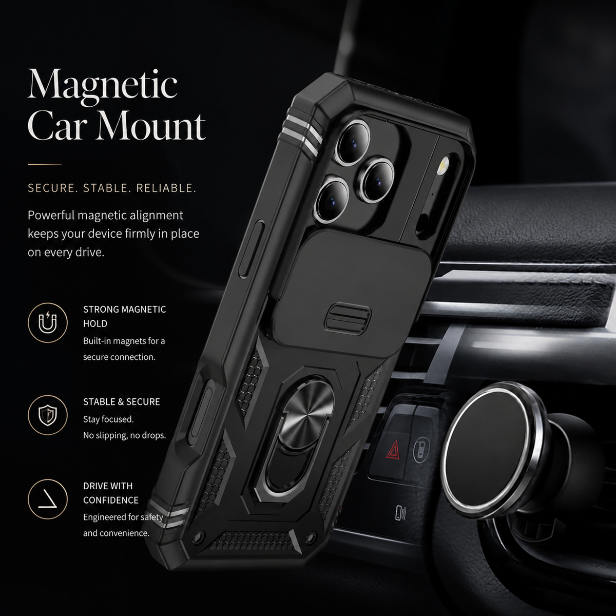 Premium iPhone Case Heavy Duty Shockproof Protective Cover Sliding Camera Lens Protection Rotating Kickstand Anti Slip Rugged Full Back Reinforced