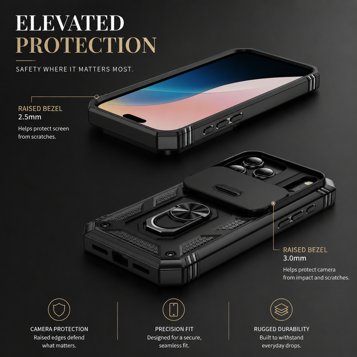 Premium iPhone Case Heavy Duty Shockproof Protective Cover Sliding Camera Lens Protection Rotating Kickstand Anti Slip Rugged Full Back Reinforced