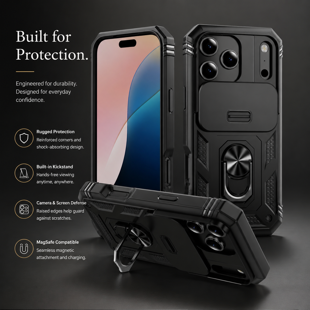 Premium iPhone Case Heavy Duty Shockproof Protective Cover Sliding Camera Lens Protection Rotating Kickstand Anti Slip Rugged Full Back Reinforced