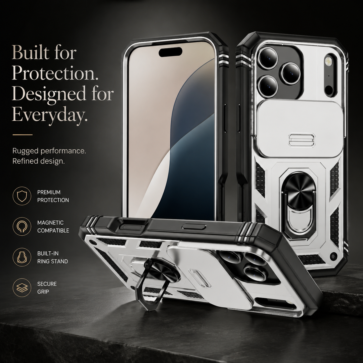 Premium iPhone Case Heavy Duty Shockproof Protective Cover Sliding Camera Lens Protection Rotating Kickstand Anti Slip Rugged Full Back Reinforced
