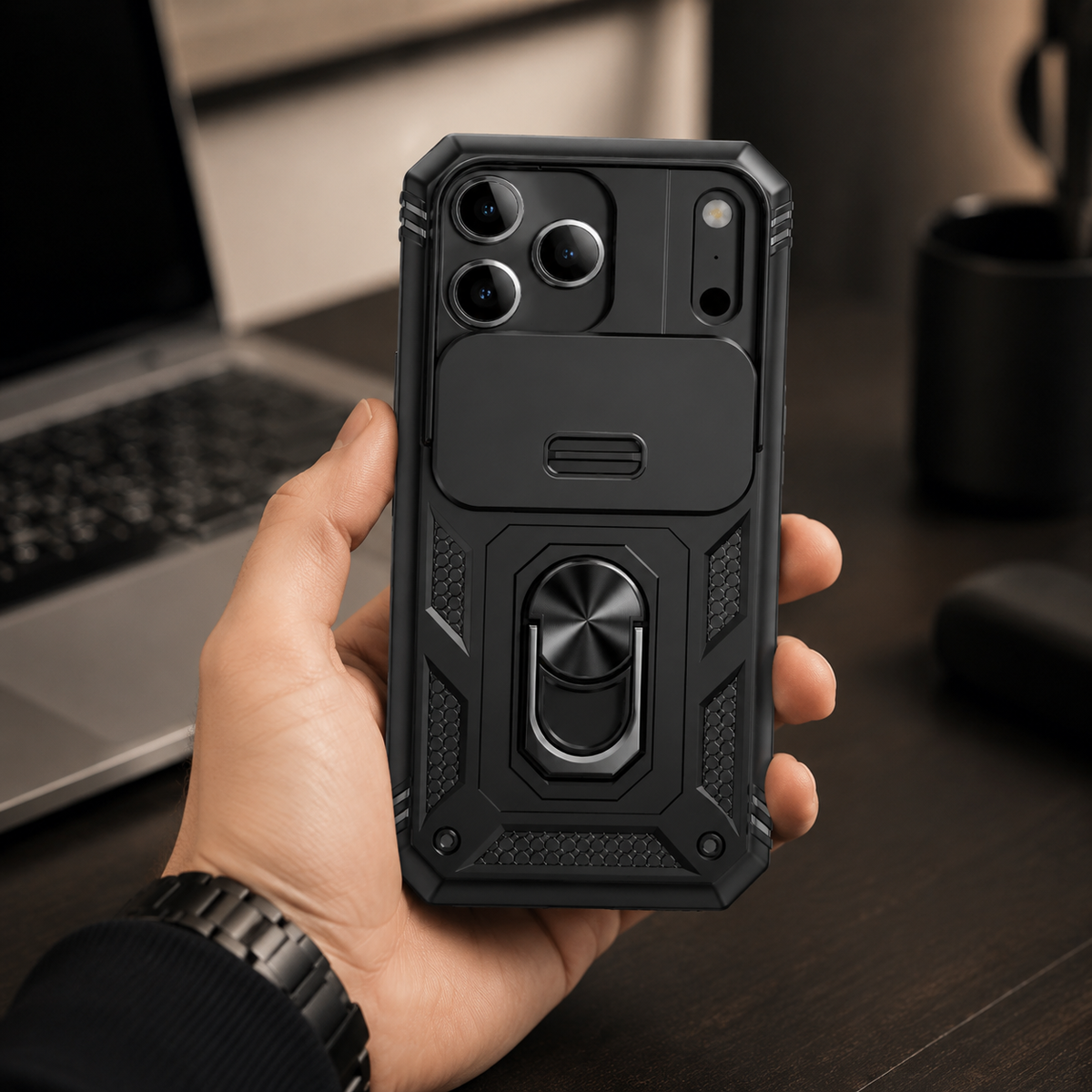 Premium iPhone Case Heavy Duty Shockproof Protective Cover Sliding Camera Lens Protection Rotating Kickstand Anti Slip Rugged Full Back Reinforced