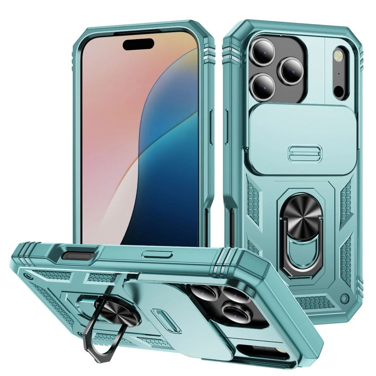 Premium iPhone Case Heavy Duty Shockproof Protective Cover Sliding Camera Lens Protection Rotating Kickstand Anti Slip Rugged Full Back Reinforced