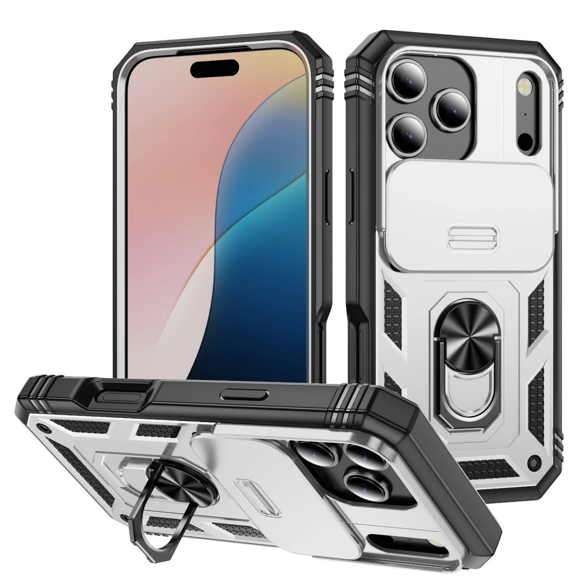 Premium iPhone Case Heavy Duty Shockproof Protective Cover Sliding Camera Lens Protection Rotating Kickstand Anti Slip Rugged Full Back Reinforced