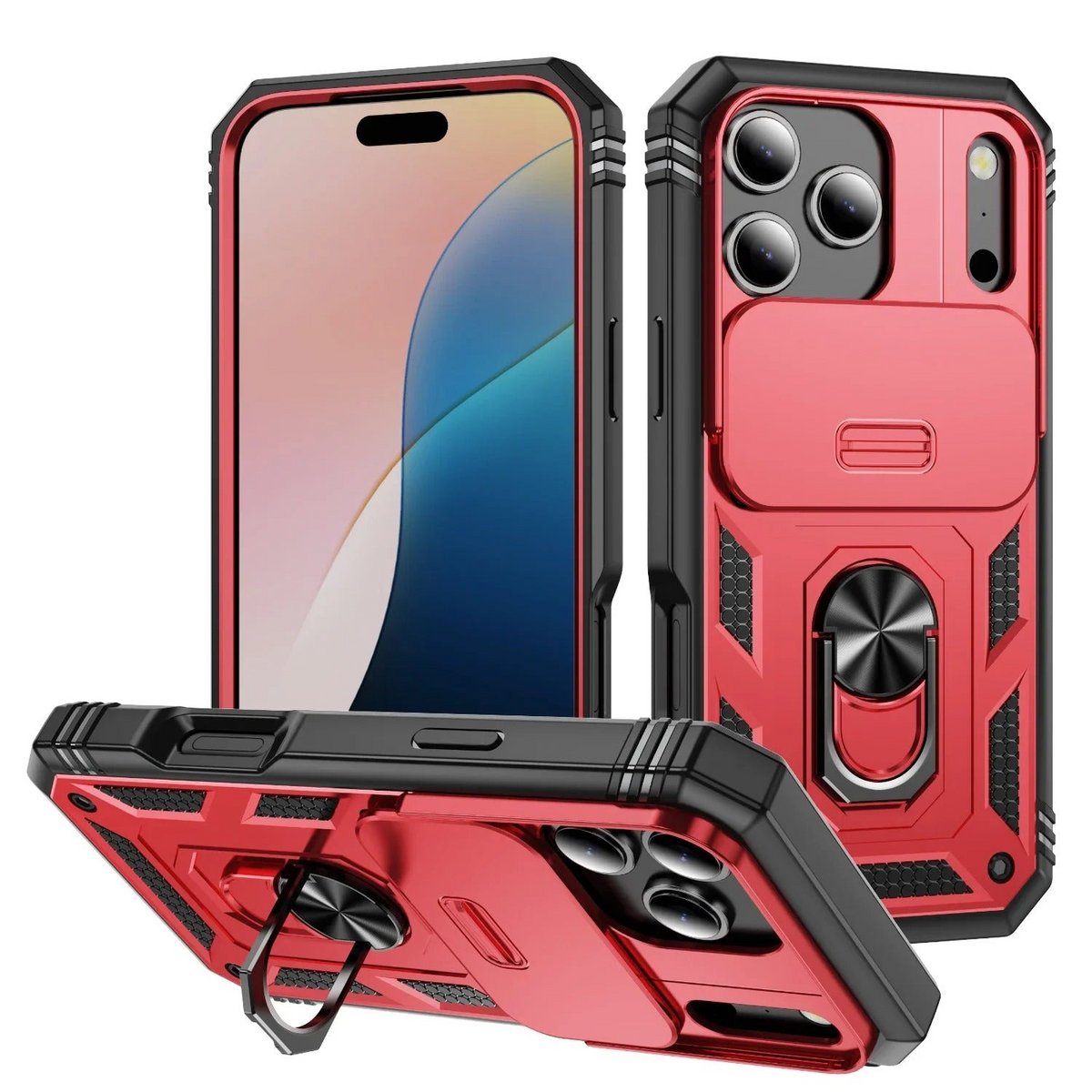 Premium iPhone Case Heavy Duty Shockproof Protective Cover Sliding Camera Lens Protection Rotating Kickstand Anti Slip Rugged Full Back Reinforced