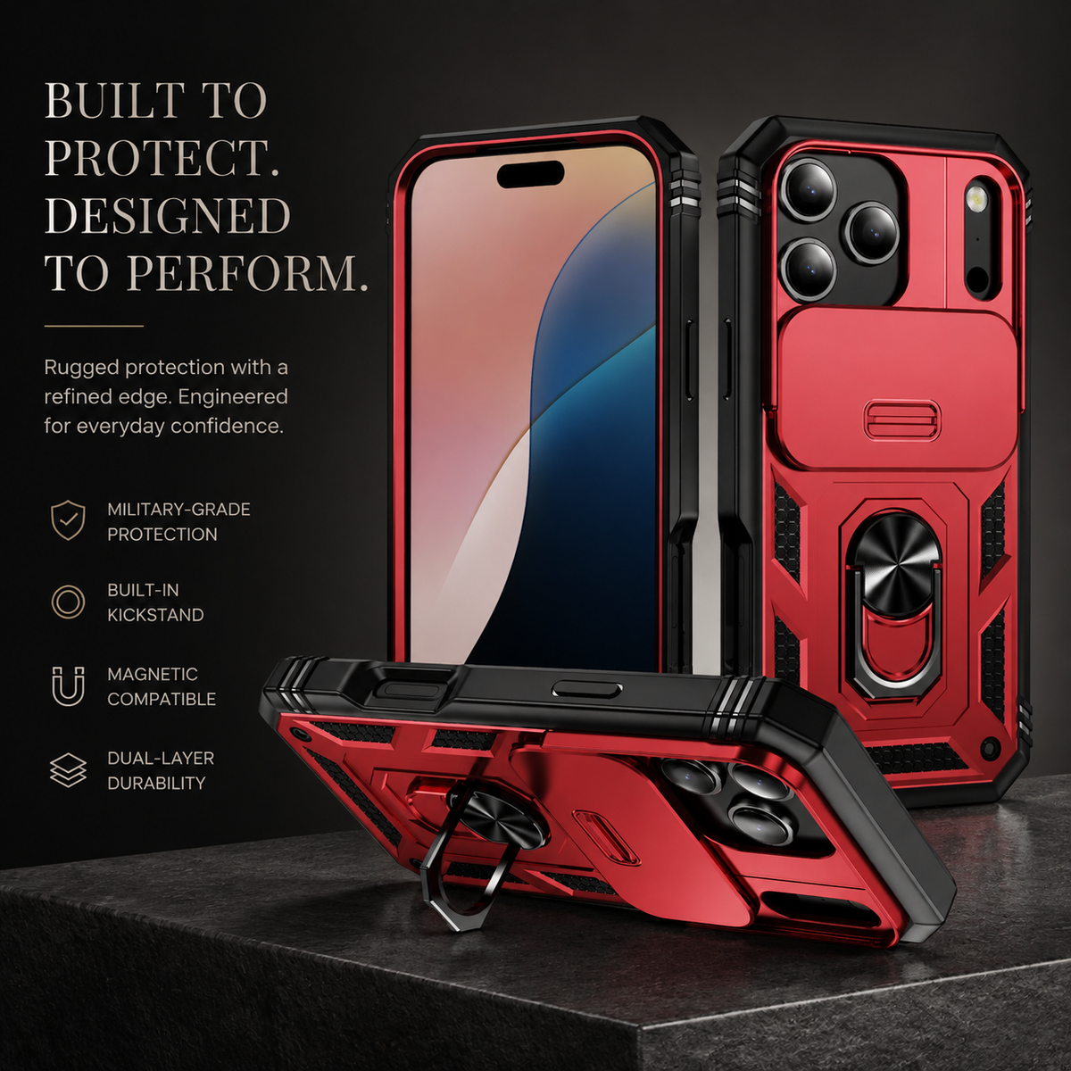 Premium iPhone Case Heavy Duty Shockproof Protective Cover Sliding Camera Lens Protection Rotating Kickstand Anti Slip Rugged Full Back Reinforced