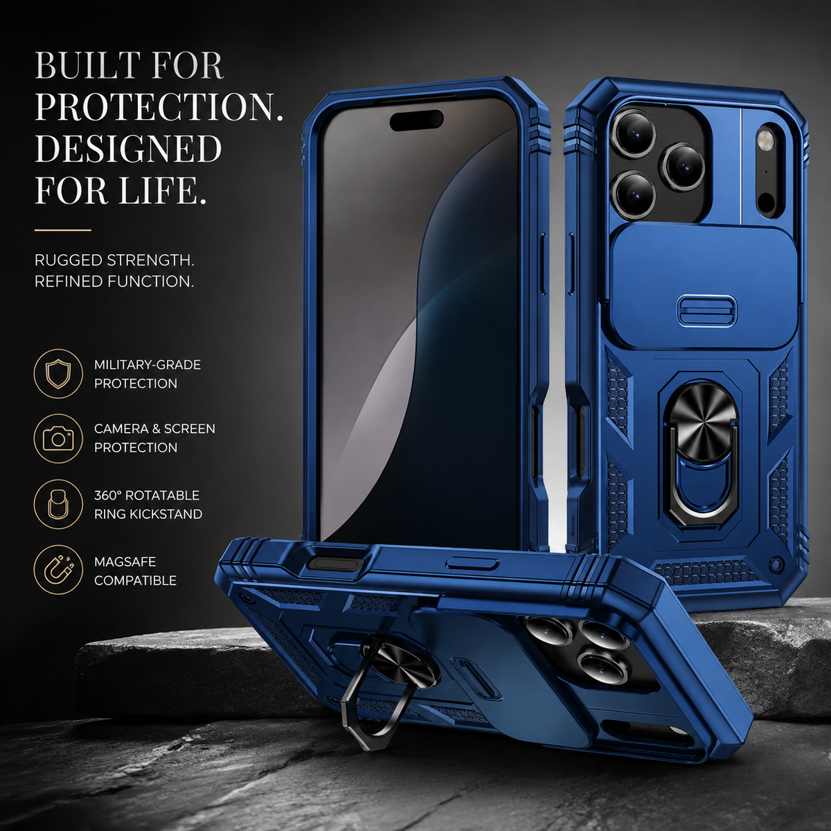 Premium iPhone Case Heavy Duty Shockproof Protective Cover Sliding Camera Lens Protection Rotating Kickstand Anti Slip Rugged Full Back Reinforced