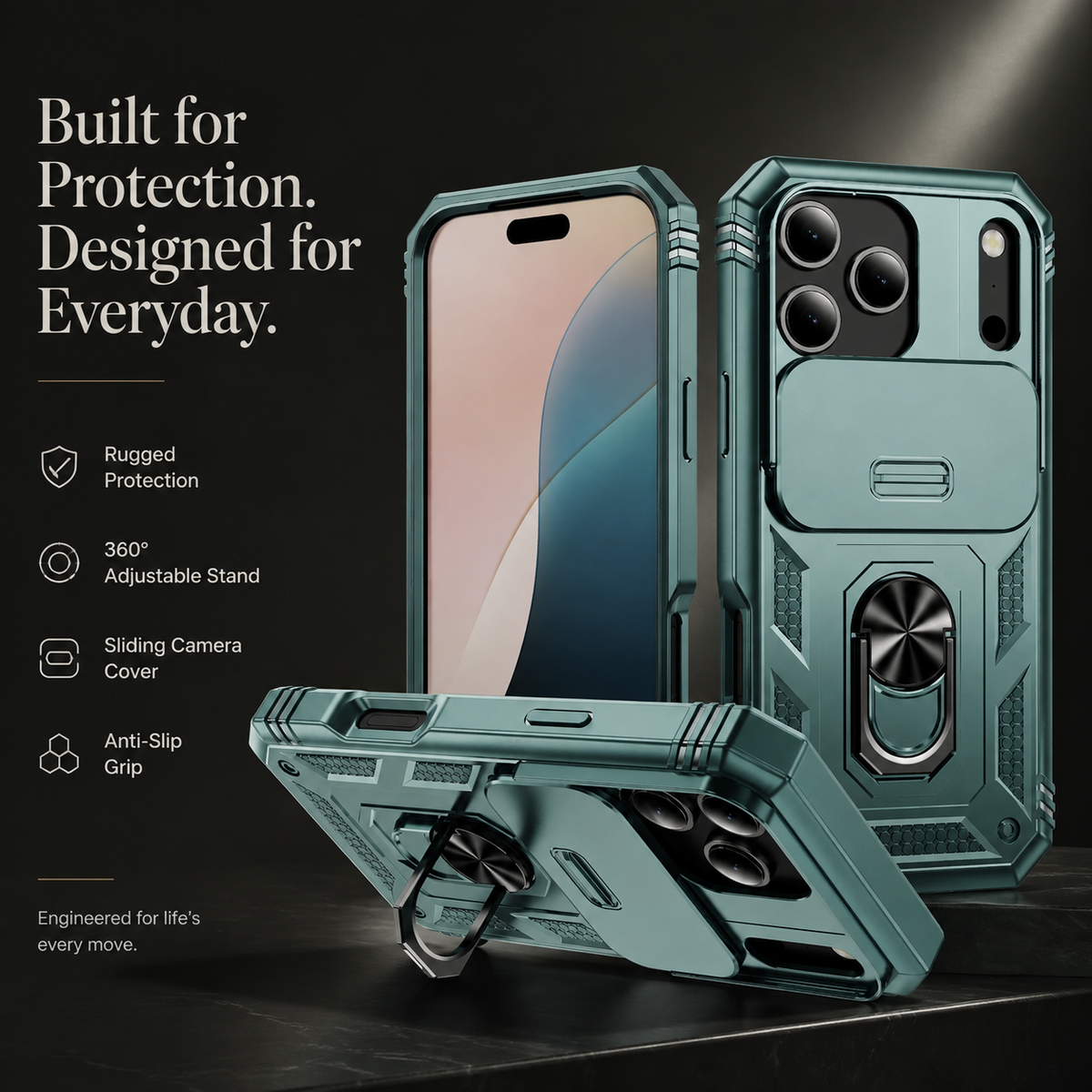 Premium iPhone Case Heavy Duty Shockproof Protective Cover Sliding Camera Lens Protection Rotating Kickstand Anti Slip Rugged Full Back Reinforced