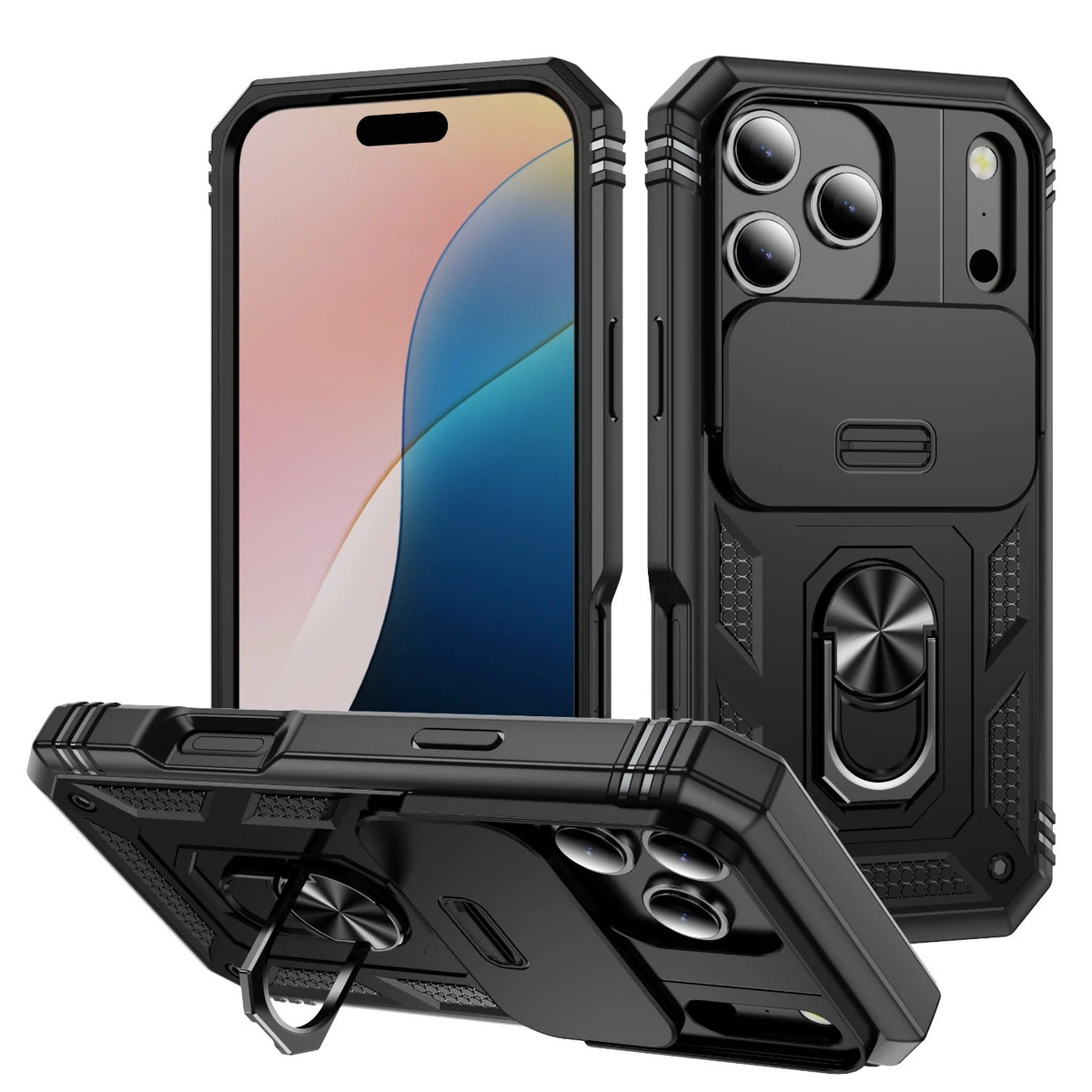 Premium iPhone Case Heavy Duty Shockproof Protective Cover Sliding Camera Lens Protection Rotating Kickstand Anti Slip Rugged Full Back Reinforced