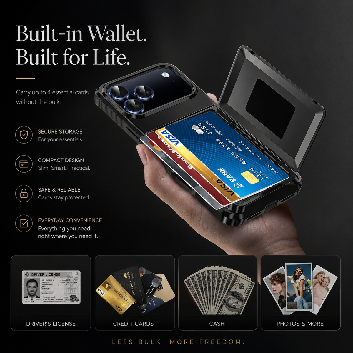 Premium iPhone Case Heavy Duty Wallet Card Holder Magnetic Shockproof Dual Layer PC Protective Cover Credit ID Storage Non Slip Reinforced Armor Case
