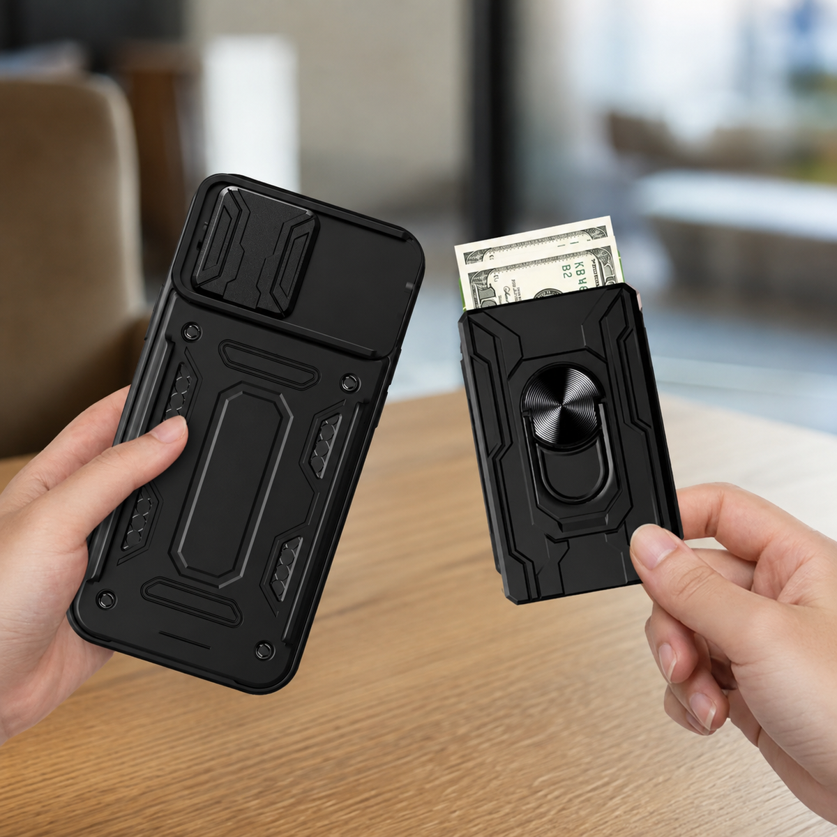 Premium iPhone Case Heavy Duty Wallet Card Holder Shockproof Armor Ring Kickstand Magnetic Mount Protective Cover PC TPU Anti Slip Reinforced Rugged