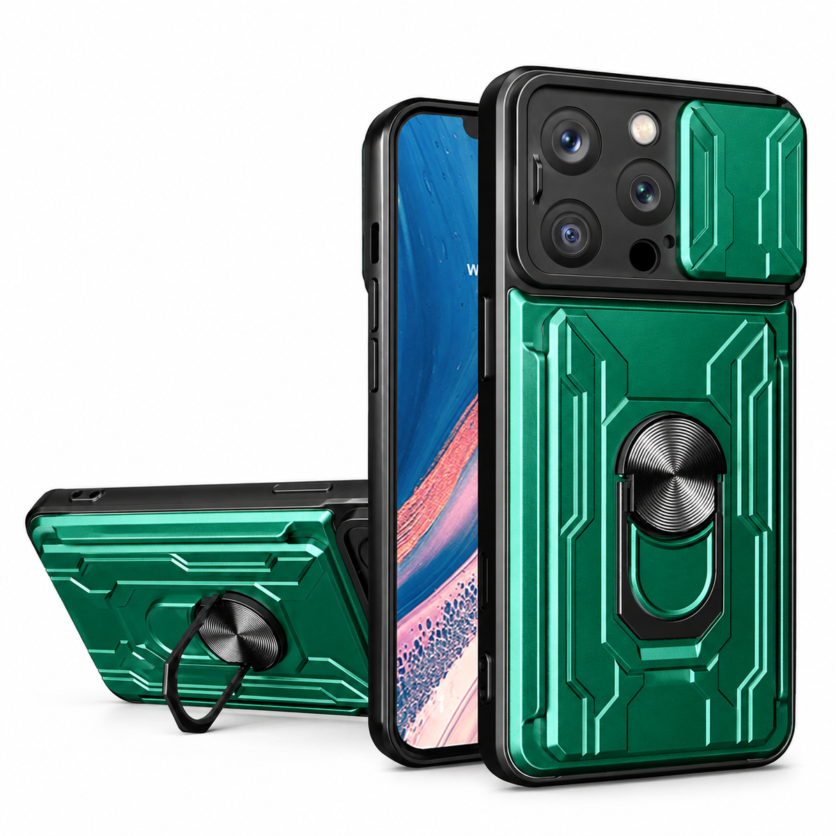 Premium iPhone Case Heavy Duty Wallet Card Holder Shockproof Armor Ring Kickstand Magnetic Mount Protective Cover PC TPU Anti Slip Reinforced Rugged