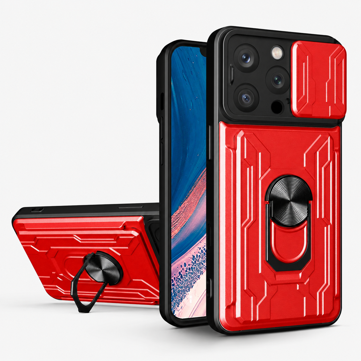 Premium iPhone Case Heavy Duty Wallet Card Holder Shockproof Armor Ring Kickstand Magnetic Mount Protective Cover PC TPU Anti Slip Reinforced Rugged