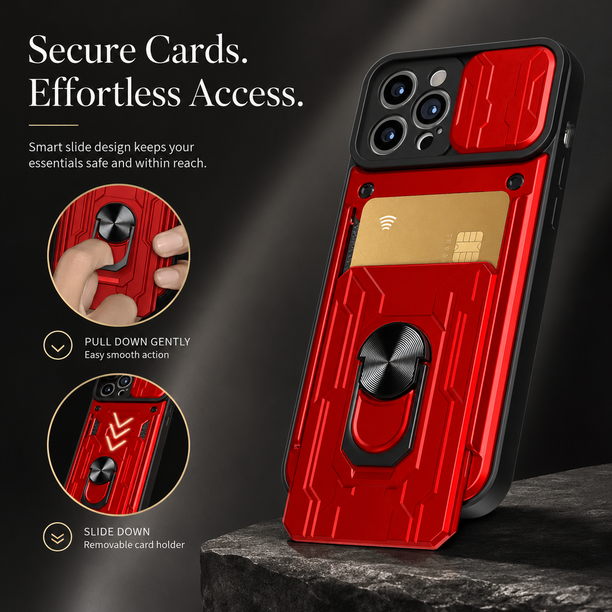 Premium iPhone Case Heavy Duty Wallet Card Holder Shockproof Armor Ring Kickstand Magnetic Mount Protective Cover PC TPU Anti Slip Reinforced Rugged