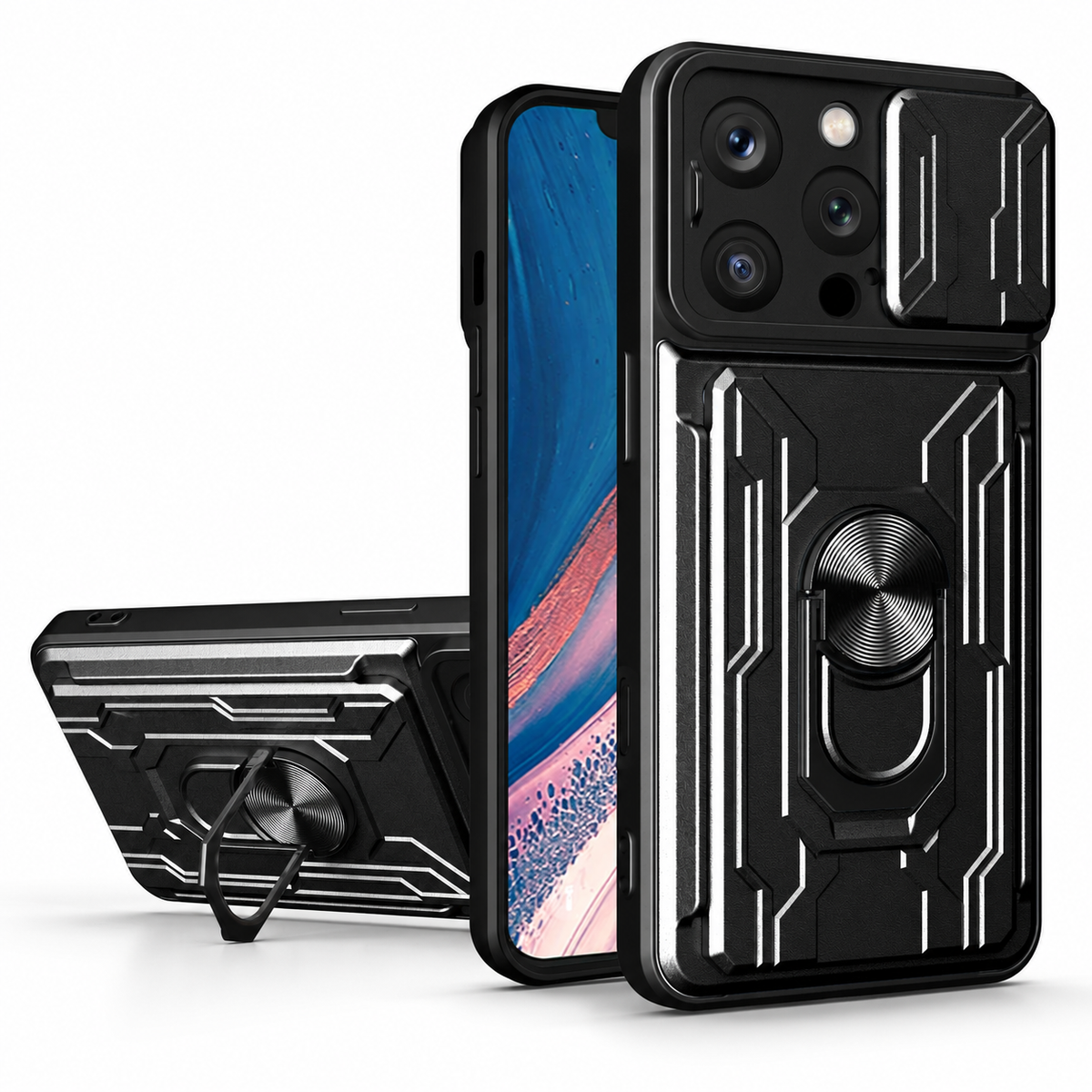 Premium iPhone Case Heavy Duty Wallet Card Holder Shockproof Armor Ring Kickstand Magnetic Mount Protective Cover PC TPU Anti Slip Reinforced Rugged