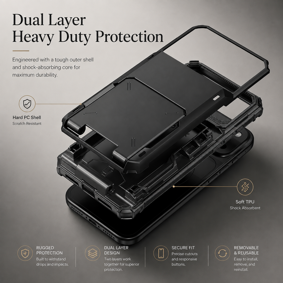 Premium iPhone Case Heavy Duty Wallet Hidden Card Slot Shockproof Dual Layer Hard Back Anti Scratch Anti Fingerprint Protective Armor Card Holder Cover