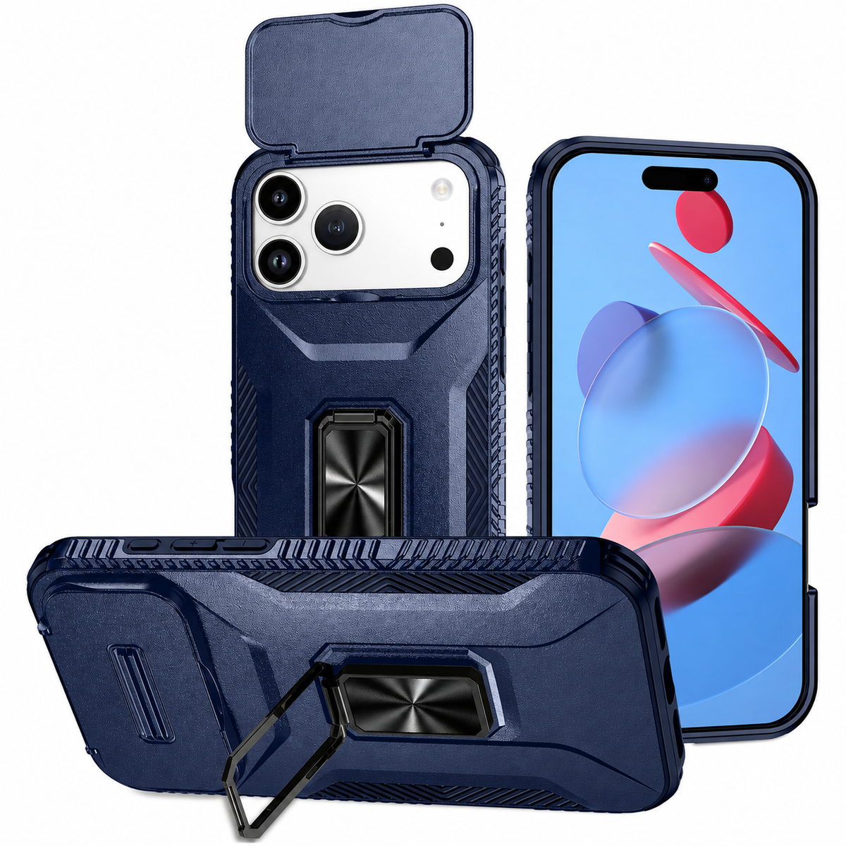Premium iPhone Case Hybrid Armor Shockproof PC TPU Slide Camera Cover Magnetic Metal Ring Holder Kickstand Heavy Duty Protective Phone Case