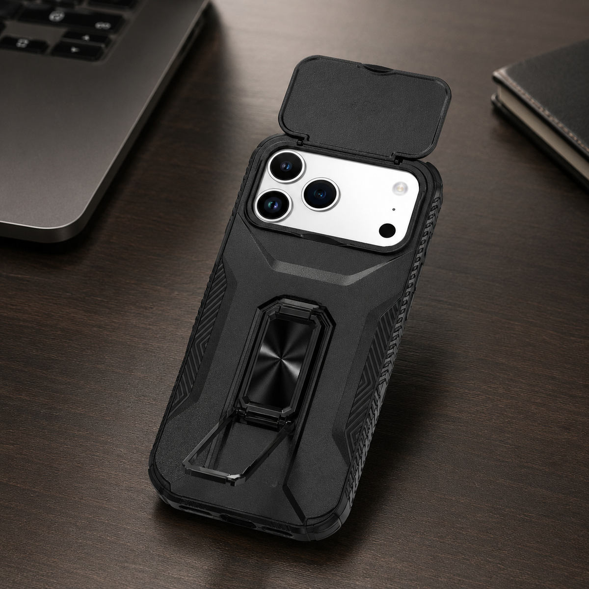 Premium iPhone Case Hybrid Armor Shockproof PC TPU Slide Camera Cover Magnetic Metal Ring Holder Kickstand Heavy Duty Protective Phone Case