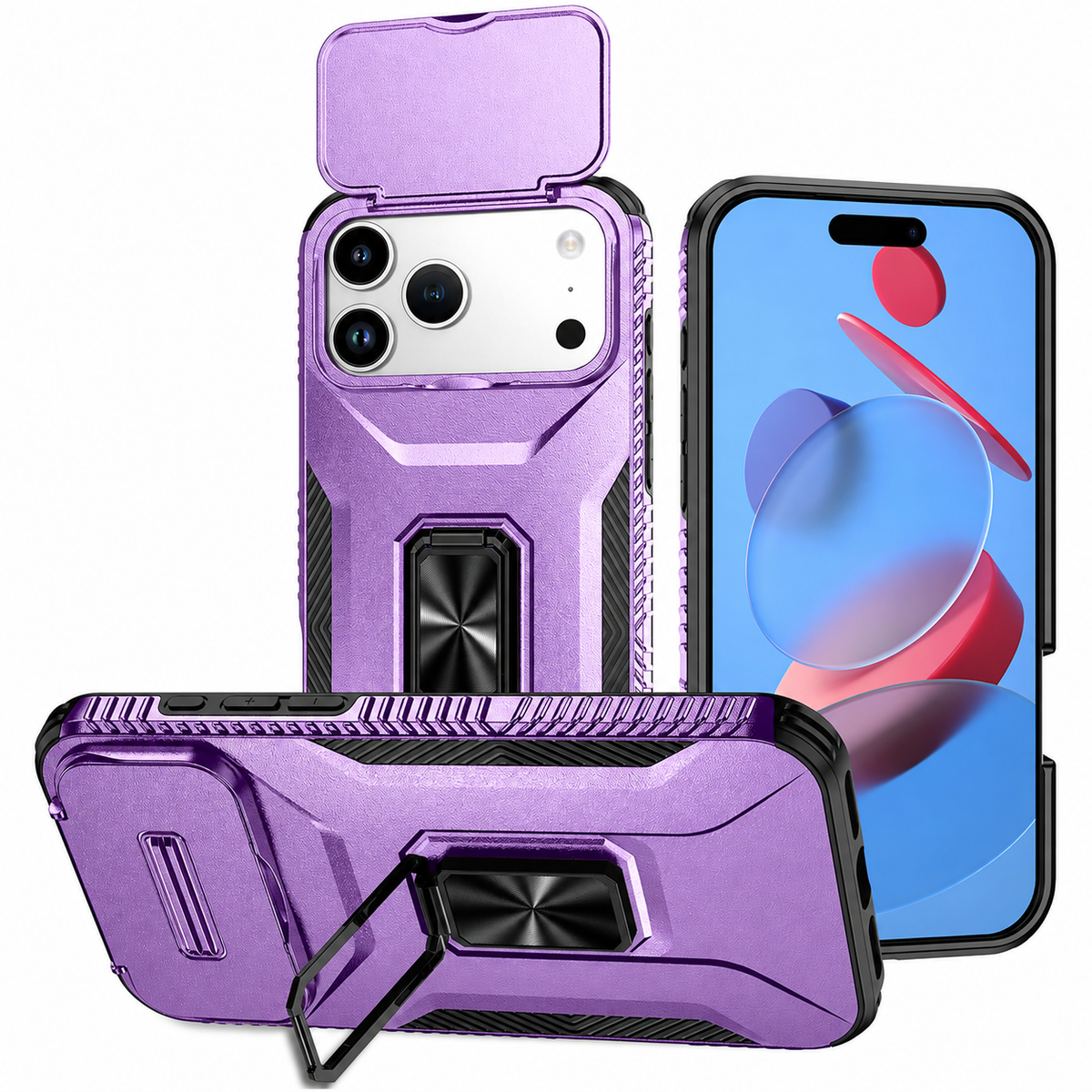 Premium iPhone Case Hybrid Armor Shockproof PC TPU Slide Camera Cover Magnetic Metal Ring Holder Kickstand Heavy Duty Protective Phone Case