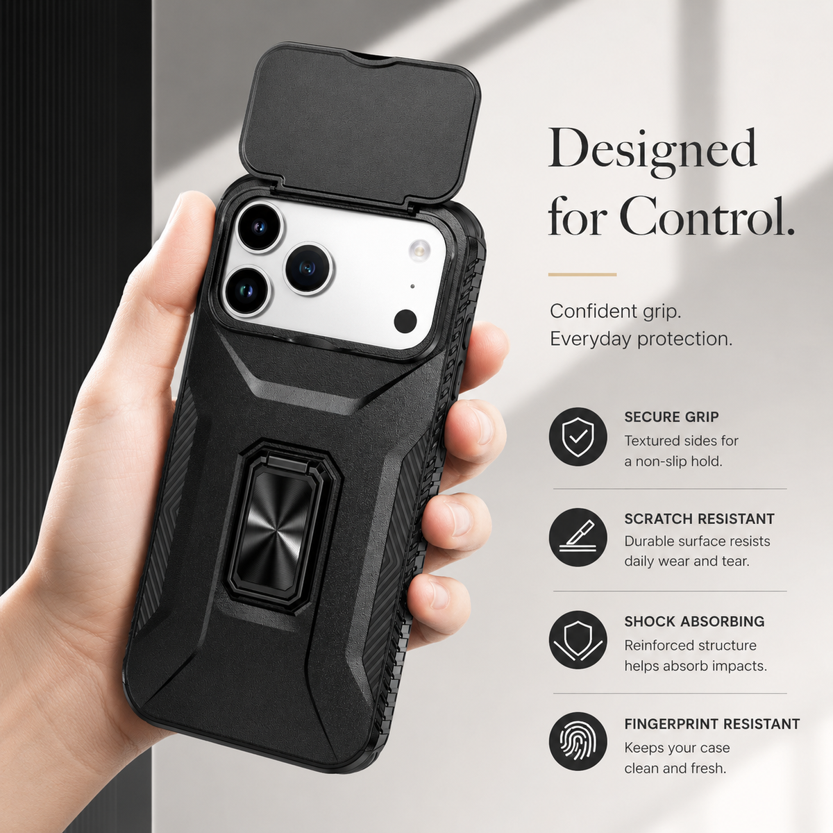 Premium iPhone Case Hybrid Armor Shockproof PC TPU Slide Camera Cover Magnetic Metal Ring Holder Kickstand Heavy Duty Protective Phone Case
