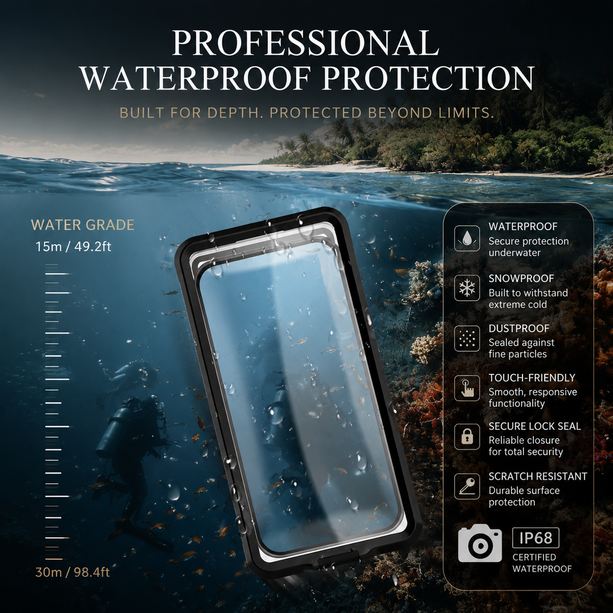 Premium iPhone Case IP68 Waterproof Protective Cover Full Body Shockproof Vacuum Seal System Underwater Protection Touchscreen Access Durable Design