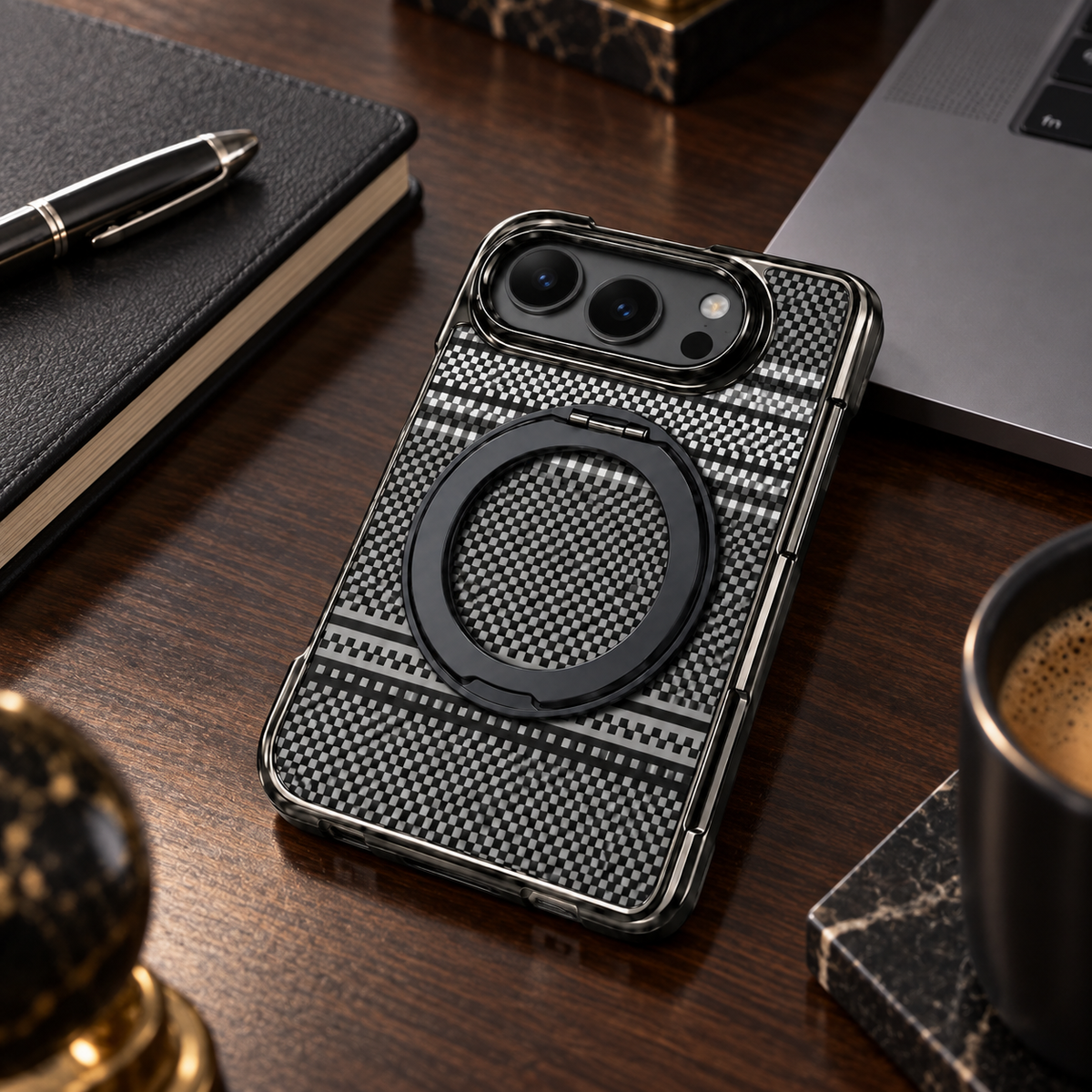 Premium iPhone Case Kevlar Style MagSafe Magnetic 360 Rotating Holder Stand Foldable PC Business Slim Shockproof Protective Cover Case Design