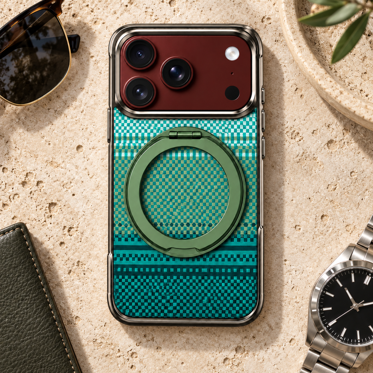 Premium iPhone Case Kevlar Style MagSafe Magnetic 360 Rotating Stand PC Foldable Business Slim Shockproof Protective Holder Cover Case Design