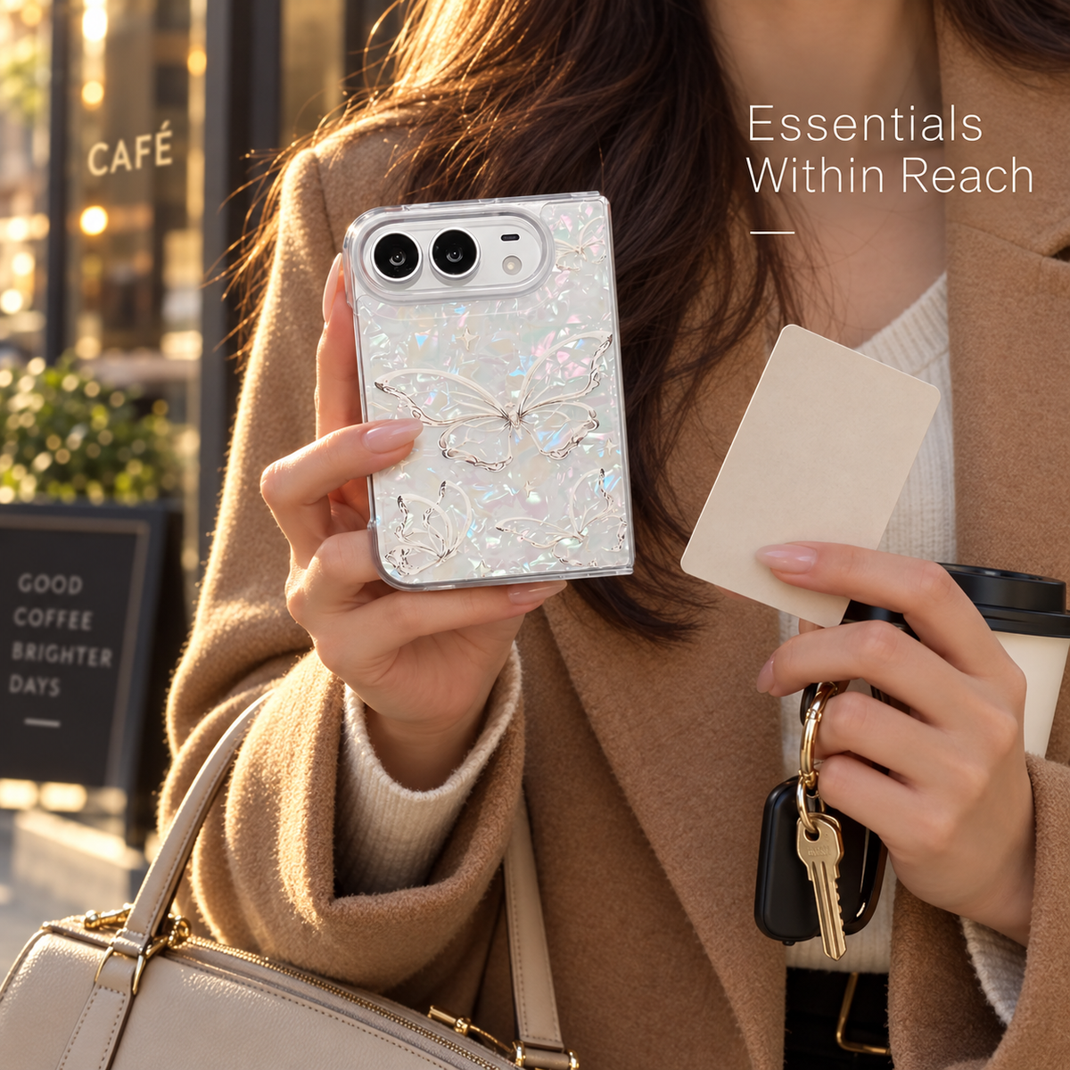 Premium iPhone Case Korean Butterfly Flower Heart Laser Pattern Acrylic Foldable Shockproof Hard Full Coverage Protective Phone Cover Case Design