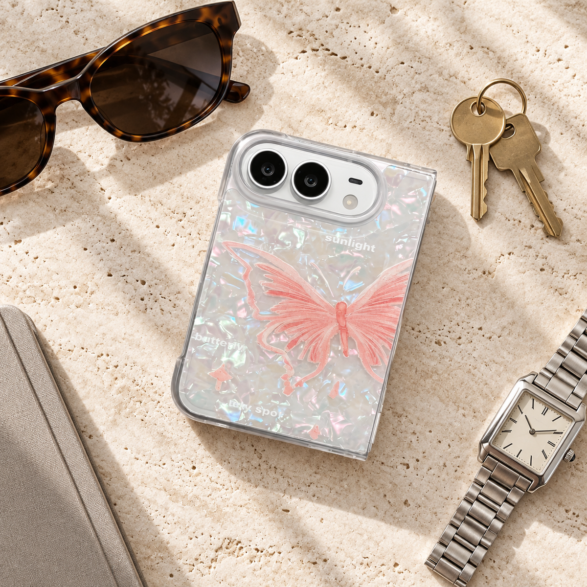 Premium iPhone Case Korean Butterfly Flower Heart Laser Pattern Acrylic Foldable Shockproof Hard Full Coverage Protective Phone Cover Case Design