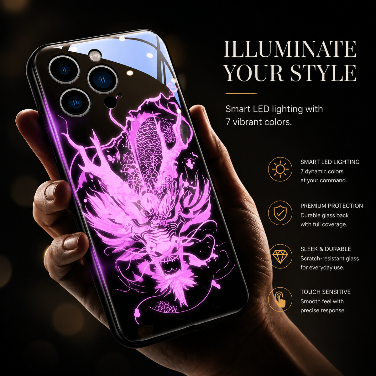 Premium iPhone Case LED Luminous Protective Cover Golden Dragon Design Sound Reactive Tempered Glass Back Shockproof TPU Frame Ultra Thin Full Protection