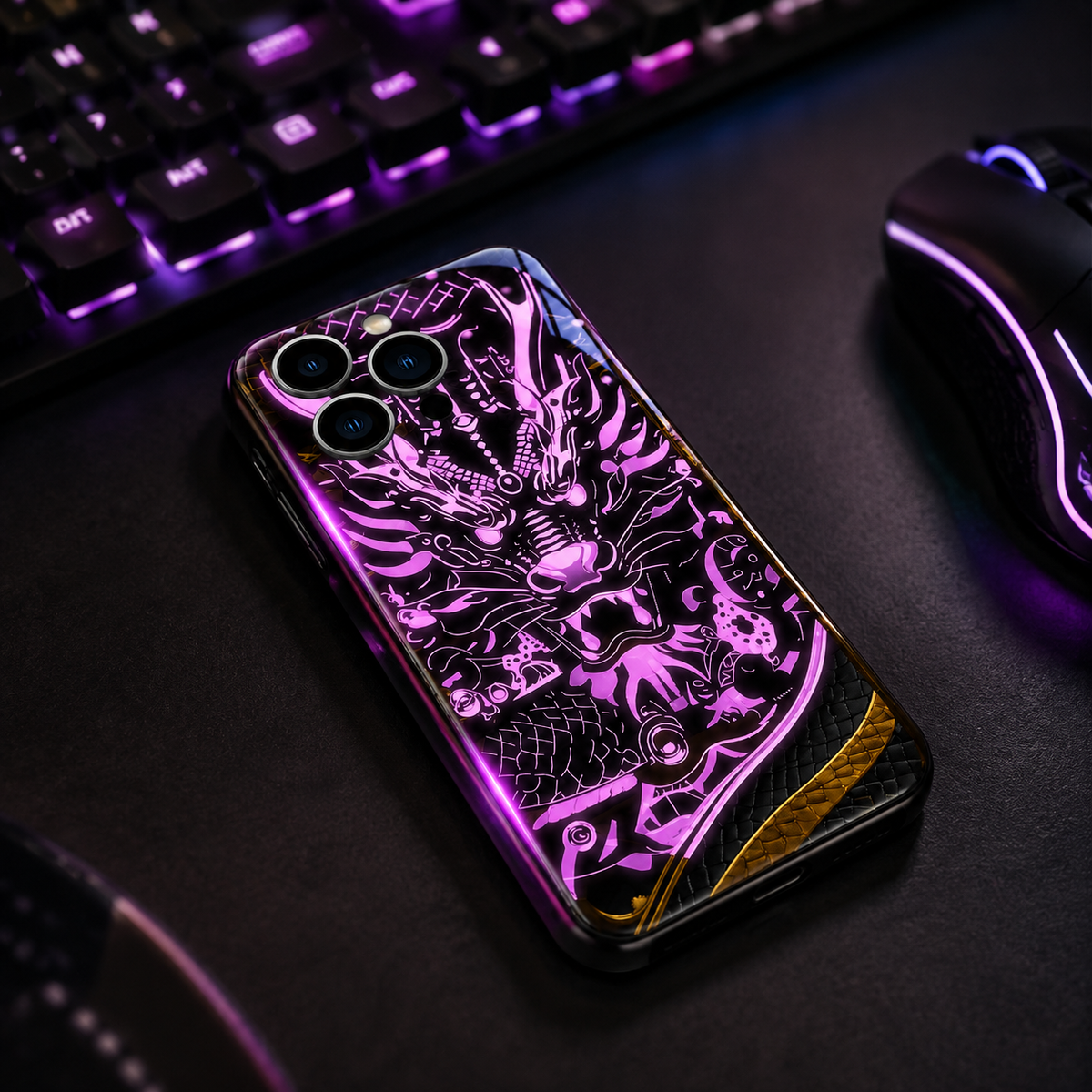 Premium iPhone Case LED Luminous Protective Cover Golden Dragon Design Sound Reactive Tempered Glass Back Shockproof TPU Frame Ultra Thin Full Protection