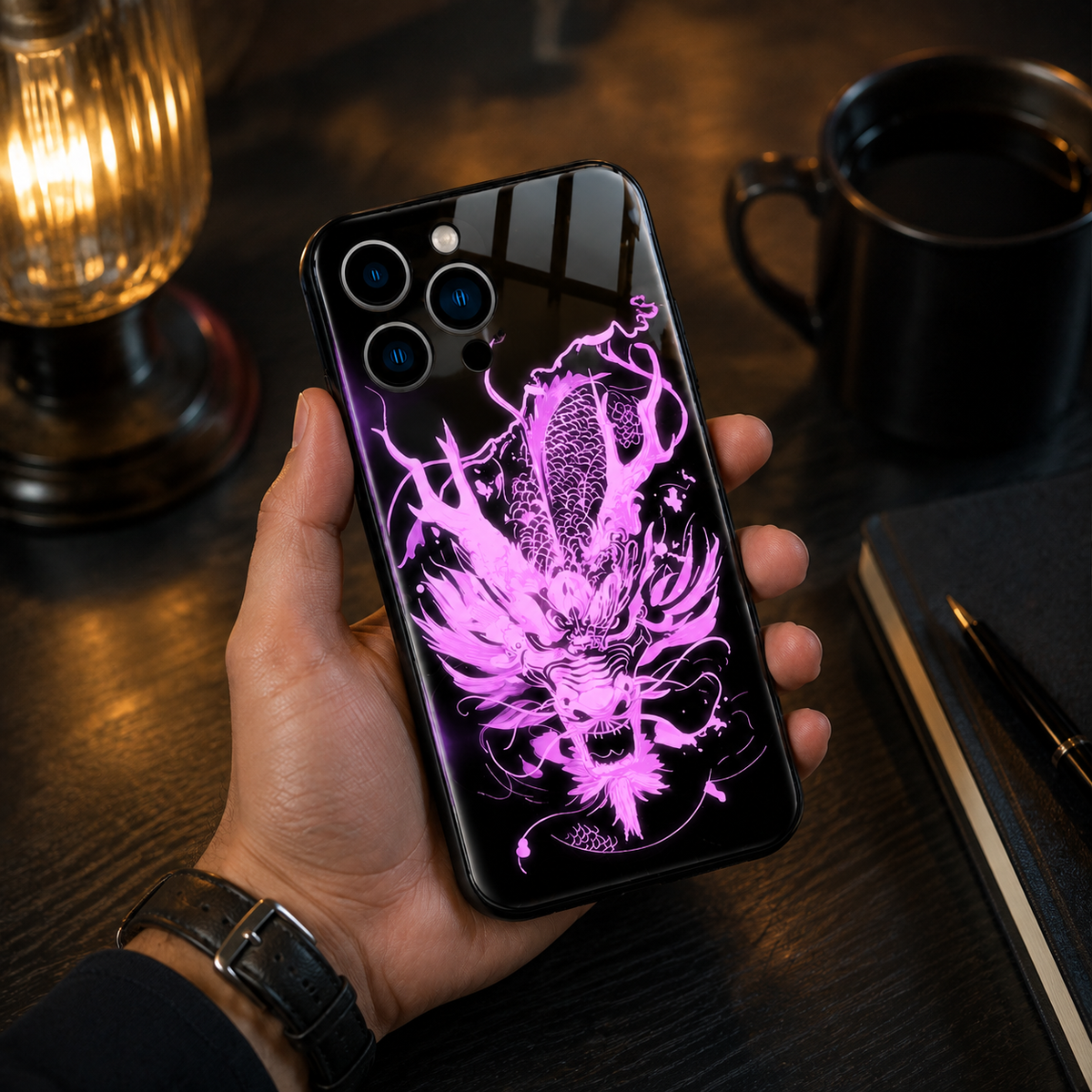 Premium iPhone Case LED Luminous Protective Cover Golden Dragon Design Sound Reactive Tempered Glass Back Shockproof TPU Frame Ultra Thin Full Protection