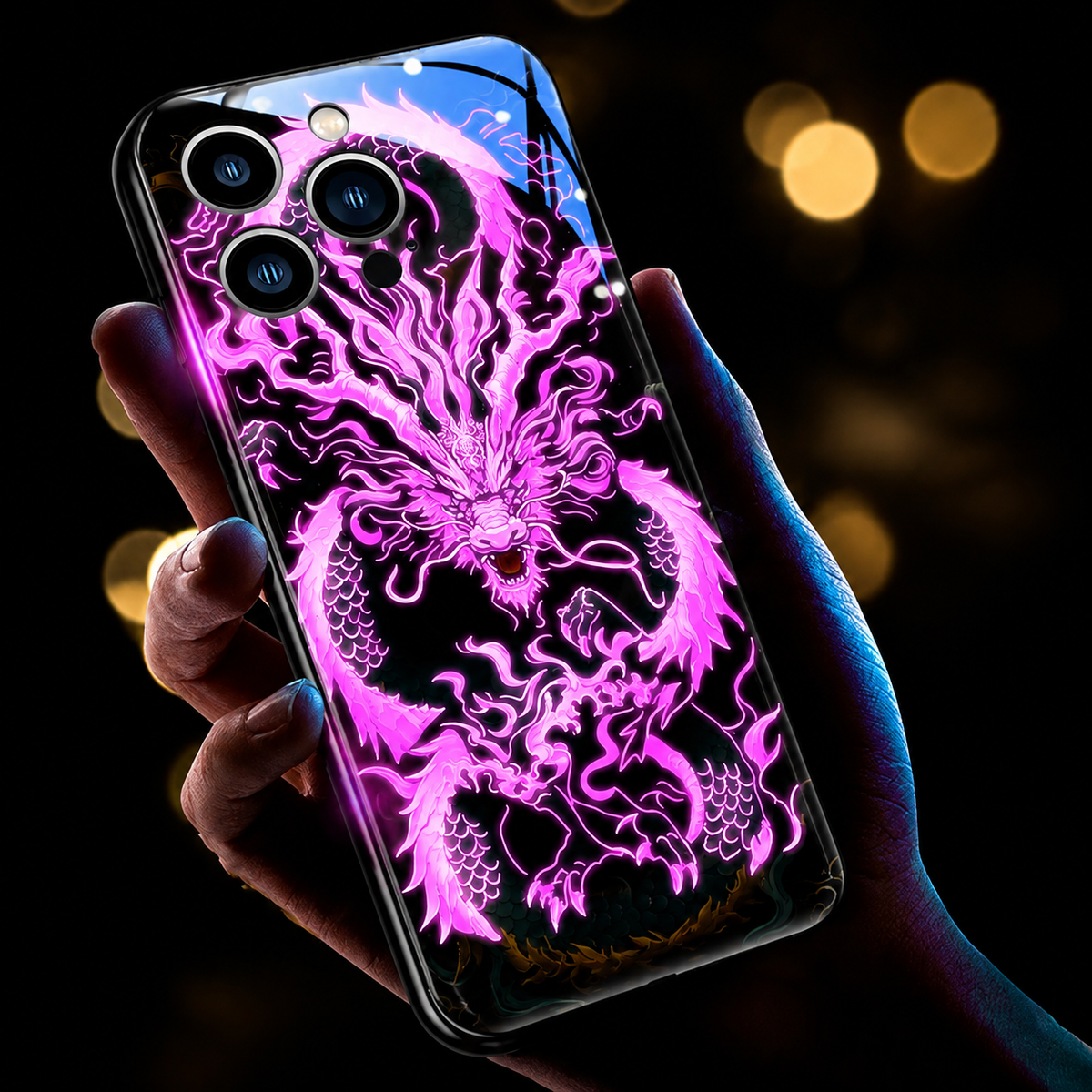 Premium iPhone Case LED Luminous Protective Cover Golden Dragon Design Sound Reactive Tempered Glass Back Shockproof TPU Frame Ultra Thin Full Protection