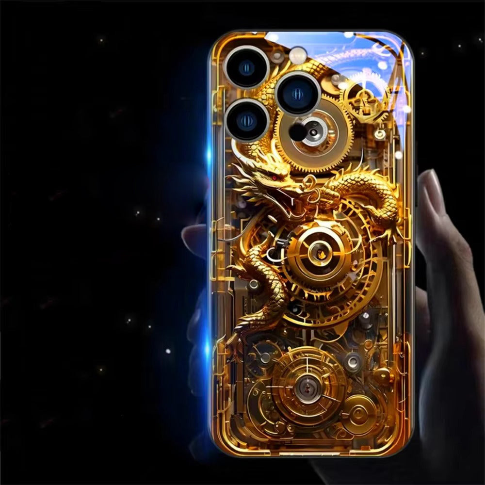 Premium iPhone Case LED Luminous Protective Cover Golden Dragon Design Sound Reactive Tempered Glass Back Shockproof TPU Frame Ultra Thin Full Protection