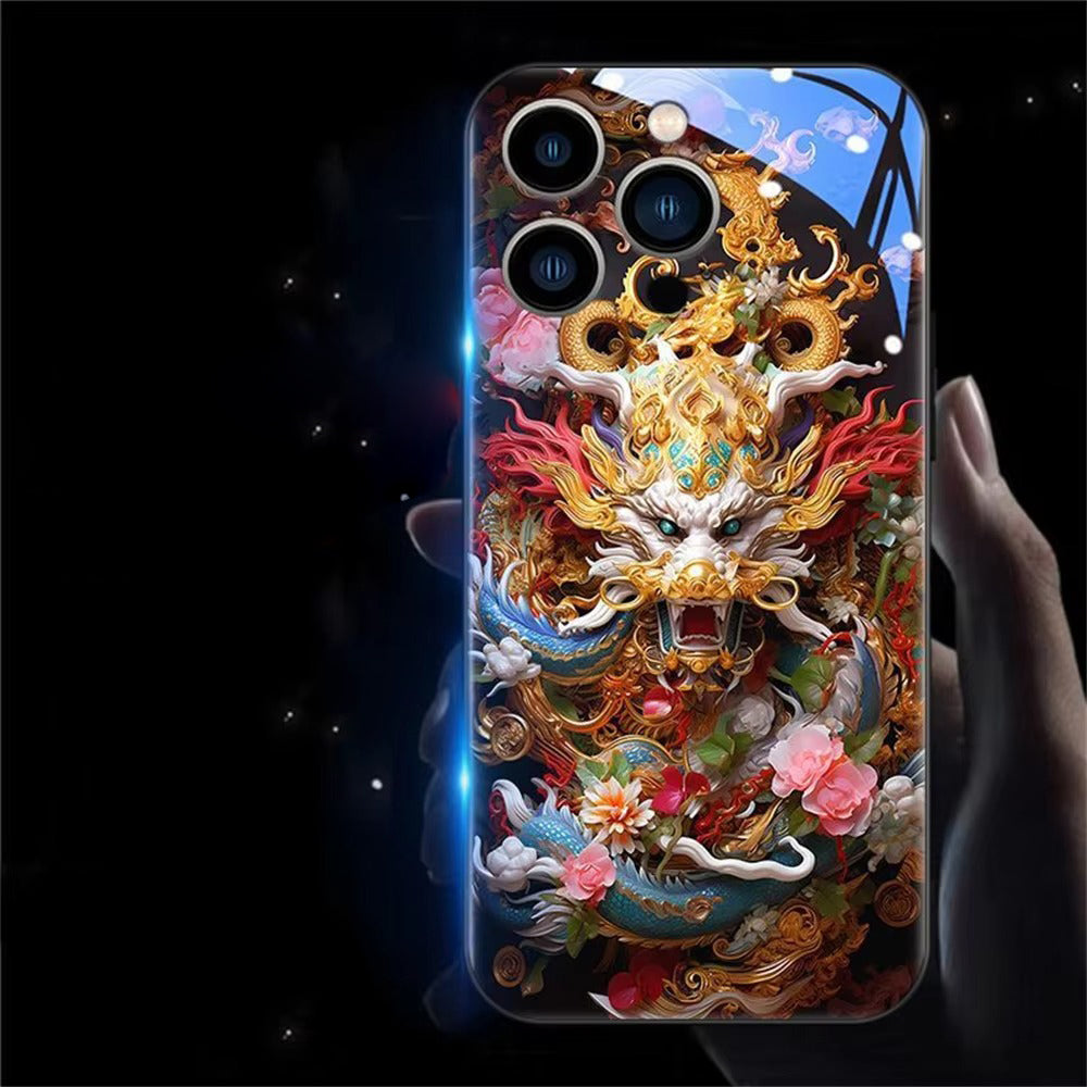 Premium iPhone Case LED Luminous Protective Cover Golden Dragon Design Sound Reactive Tempered Glass Back Shockproof TPU Frame Ultra Thin Full Protection