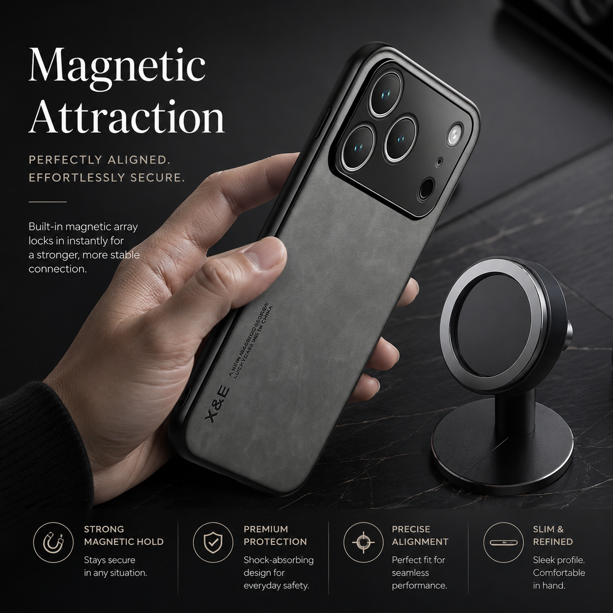 Premium iPhone Case Leather Magnetic Car Holder Metal Plate Full Coverage Protective Cover Anti Scratch Anti Fingerprint Non Slip Slim Lightweight Case